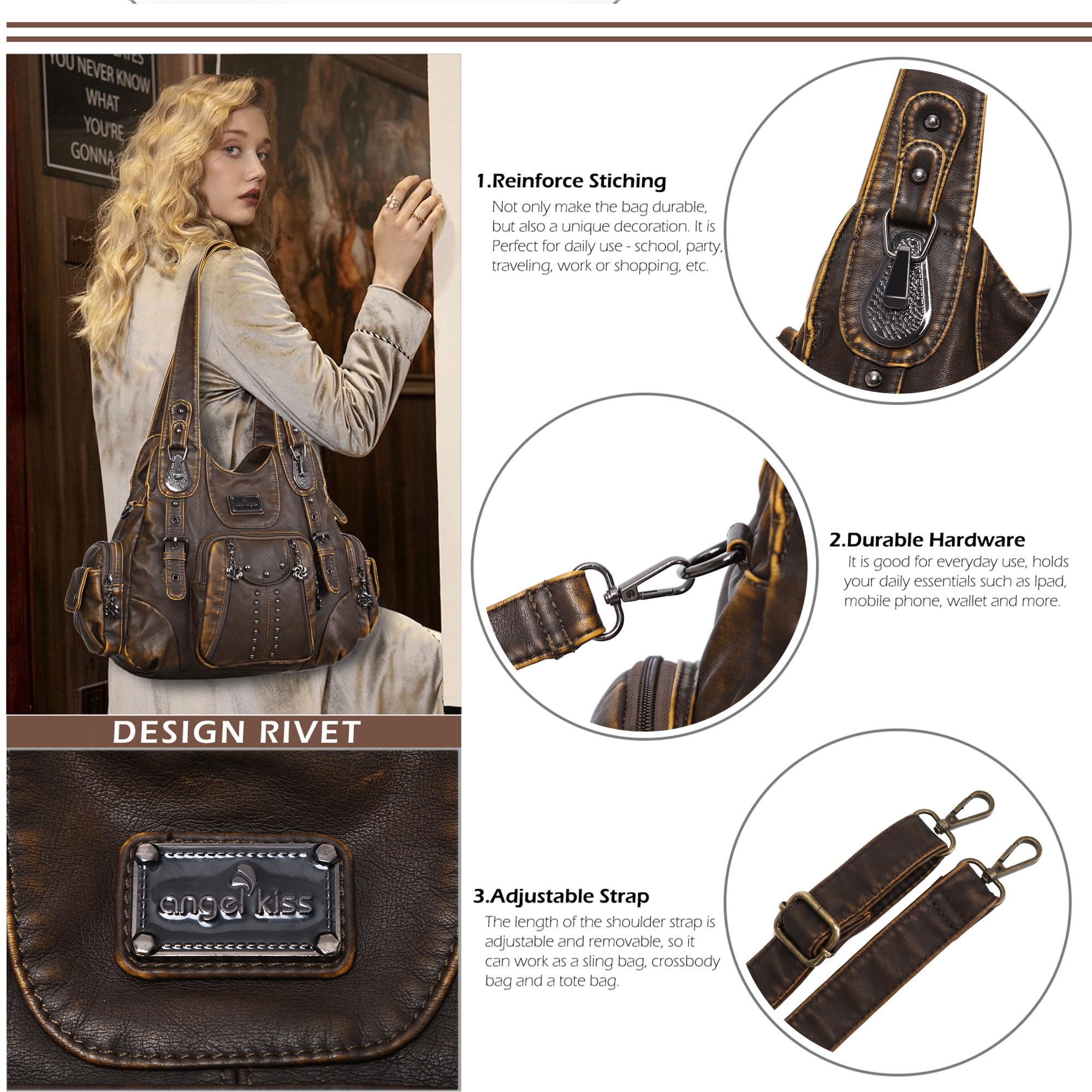 Angel Kiss Umhängetasche, Damen-Shopping-Umhängetasche, Damen-Einkaufstasche mit Rivet-Design, Damen-Einkaufstasche mit abnehmbarem Schultergurt