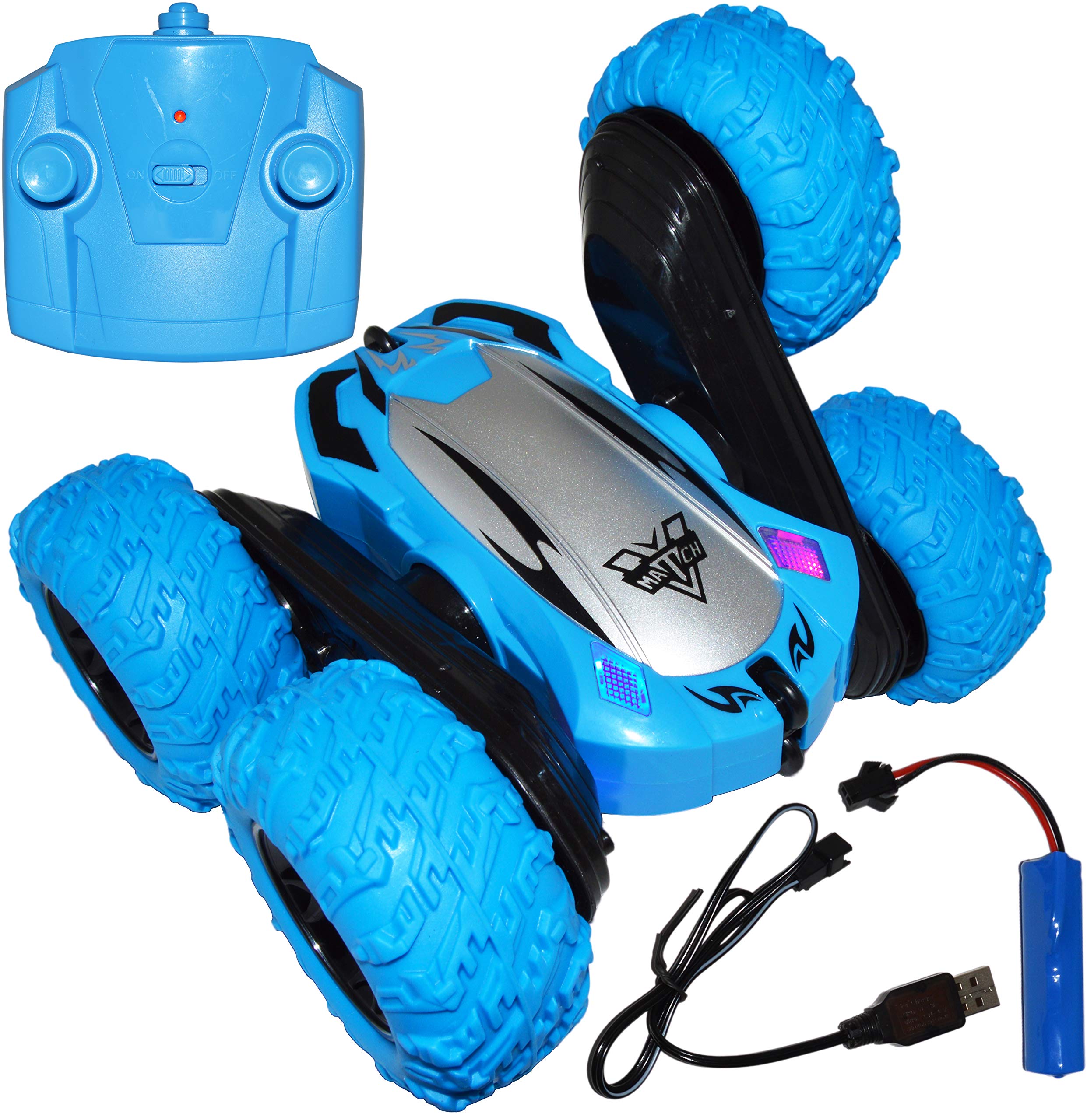Remote Controlled Double-Sided Stunt Car with USB Charging Cable and Rechargeable Battery (Blue) - EX ELECTRONIX EXPRESS