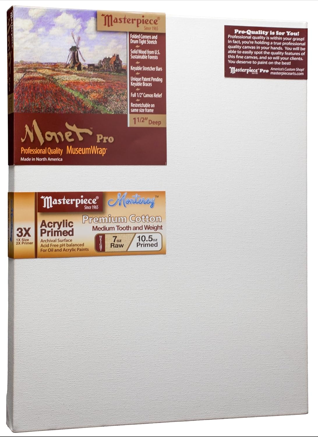 masterpiece z1mm-1526 monet pro 1.5" deep monterey 10.5 oz cotton medium texture stretched canvas 15" x 26" white