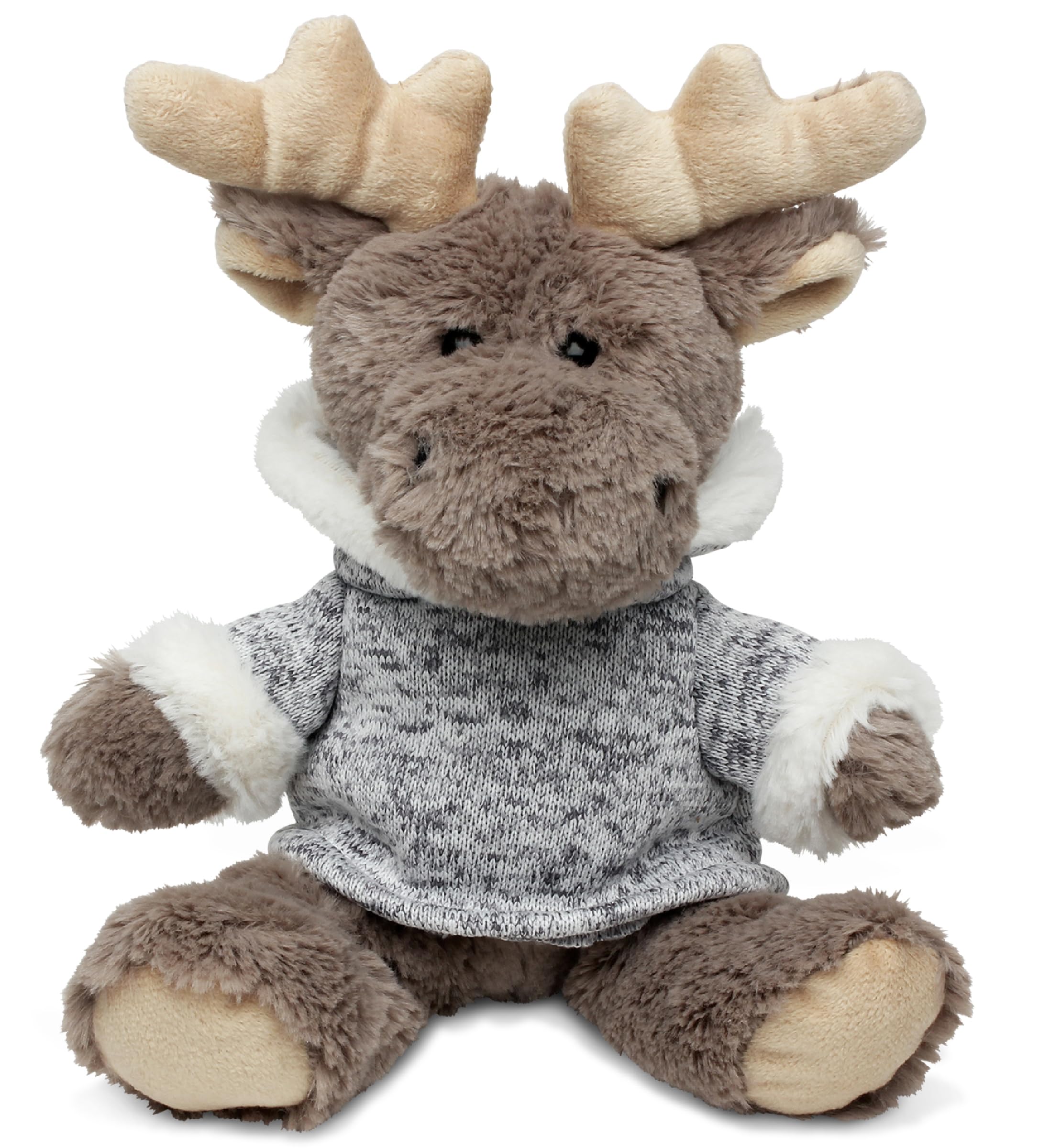 DolliBu Plush Moose Stuffed Animal - Soft Plush Sitting Moose with Gray Hooded Sweater, Adorable Huggable Moose Plush Toy for Kids and Adults - 9 Inches