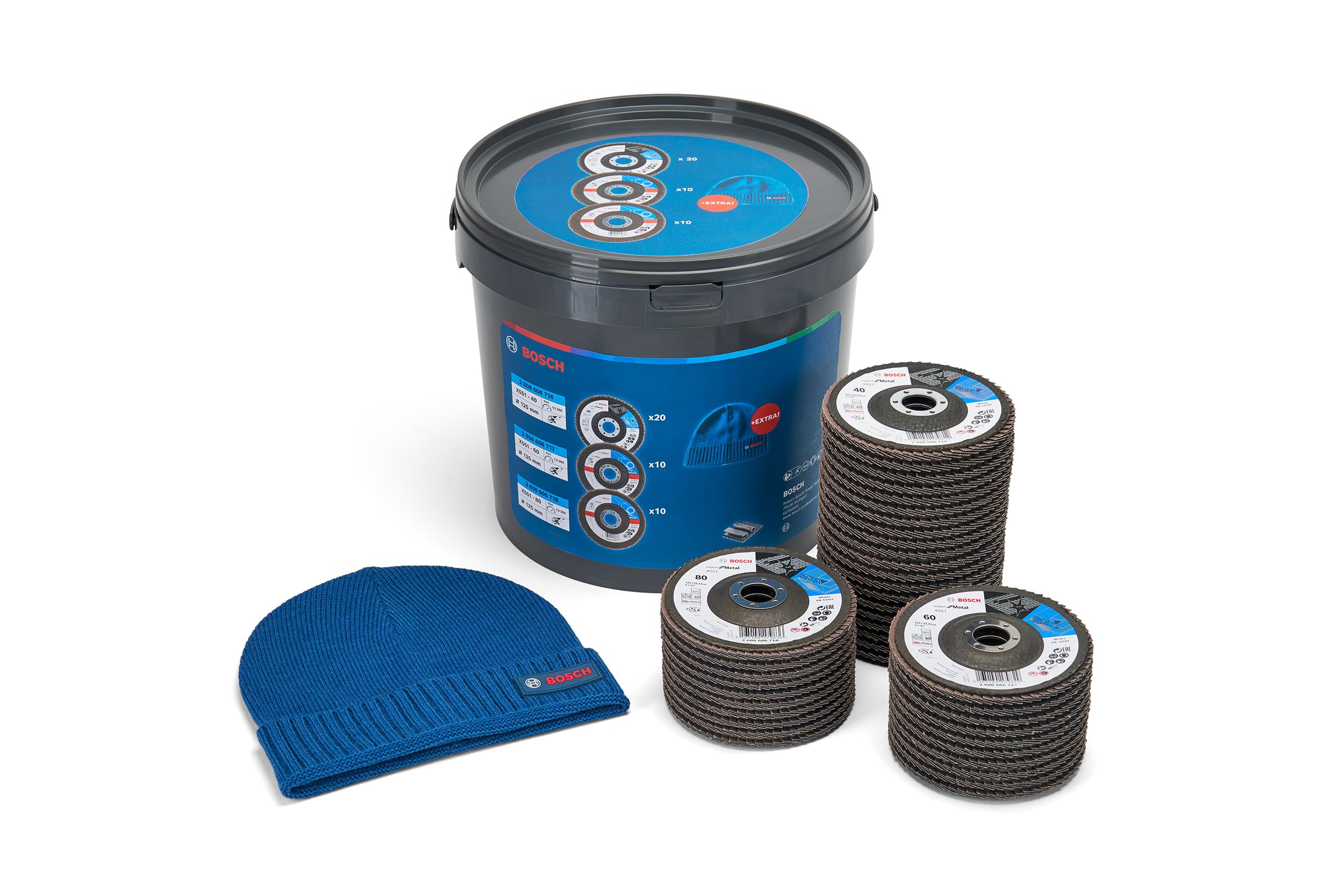 Bosch 40 discos abrasivos X551 Expert for Metal + Beanie Set (para metal, acero, hierro fundido, diámetro de 125 mm, grano 40/60/80, M14, accesorios profesionales para amoladora angular)