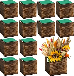 Dandat 12-Pack Rustic Wood Cube Planter Boxes with Liners & Floral Foam - Square Vases for Wedding Centerpieces, Home Garden Decor (Brown)