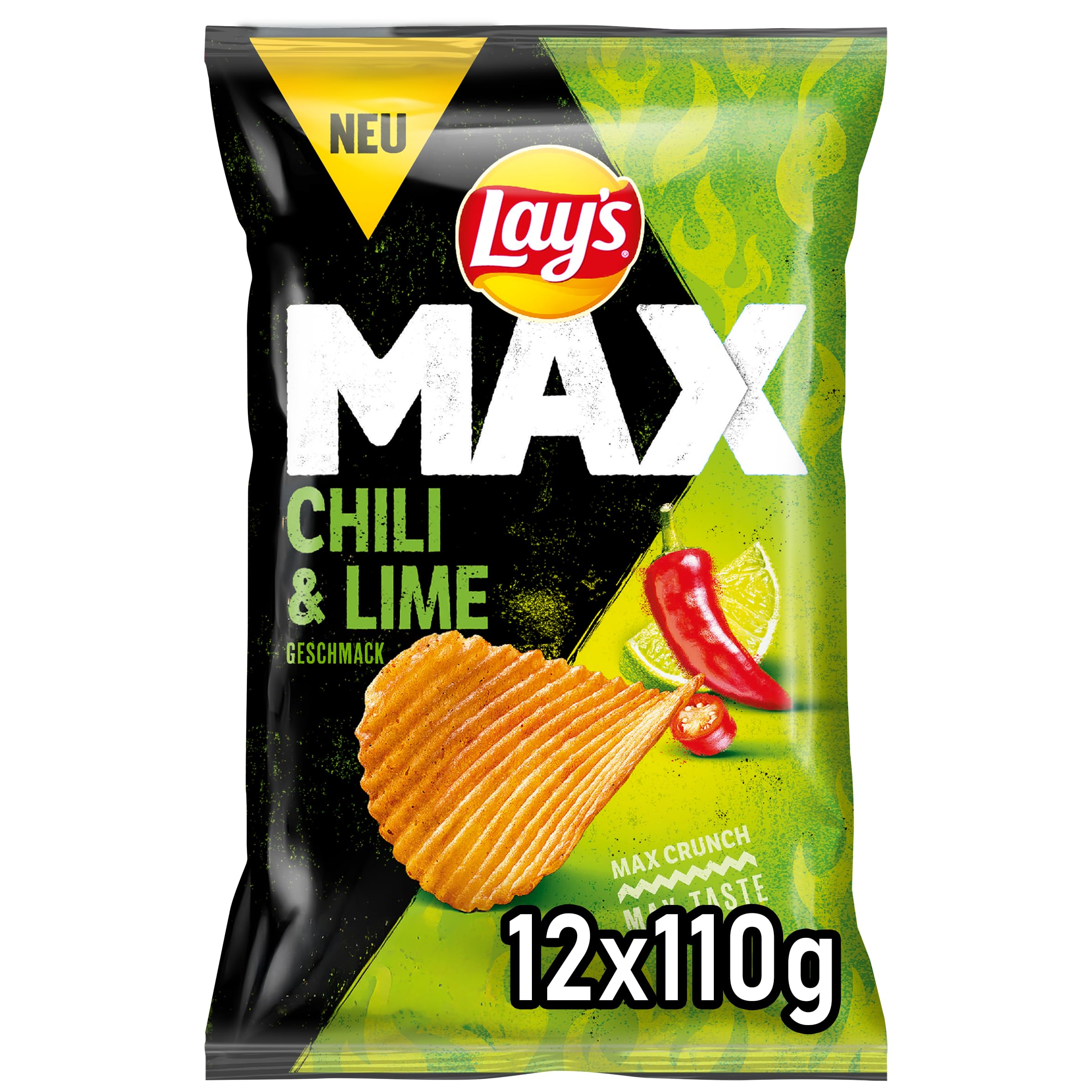 Lay's Max Lay's Max Chili & Lime Geschmack – Knusprige Kartoffelchips für eine gelungene Party (12 x 110 g) (Verpackungsdesign kann abweichen)