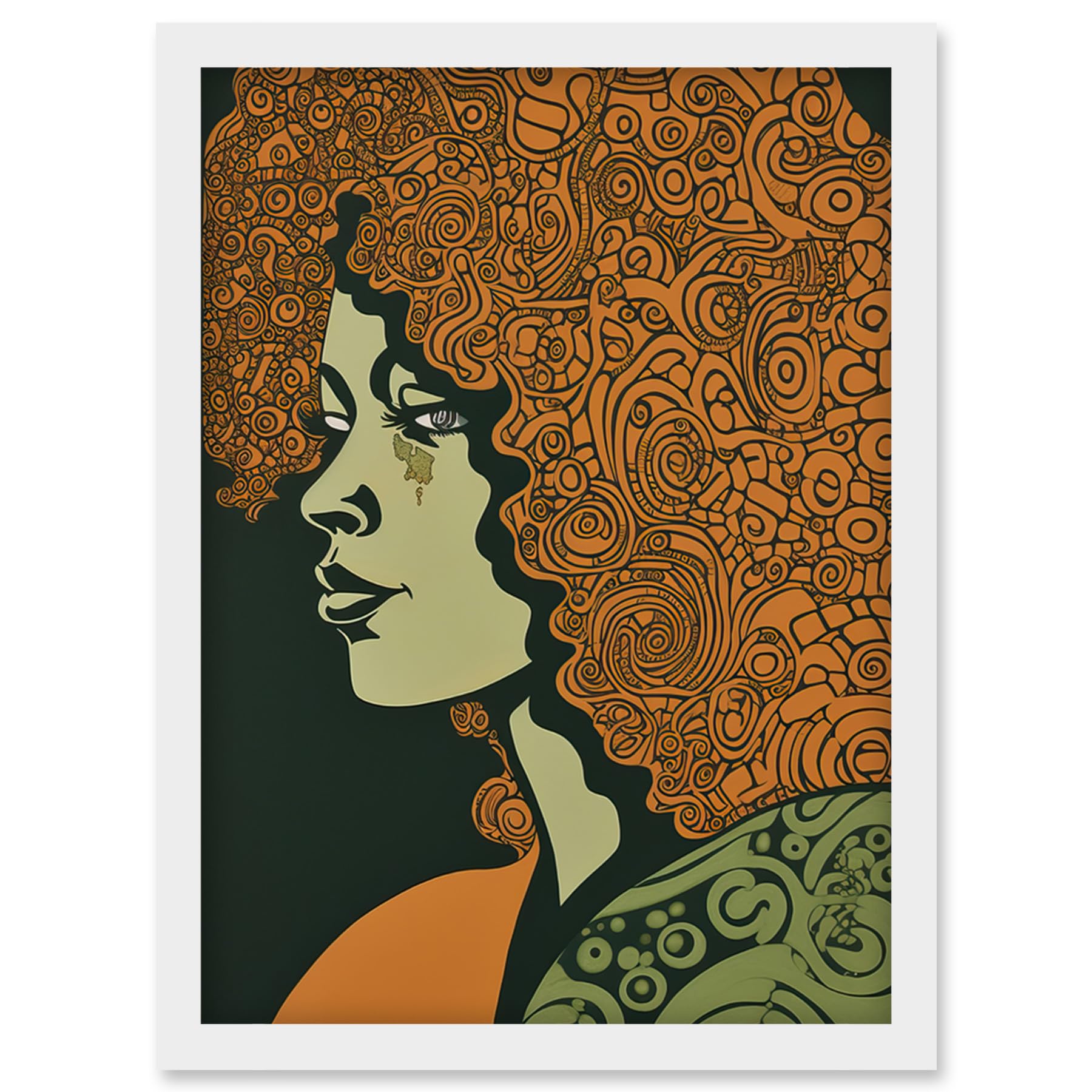 Artery8 Woman Portrait Illustration with Pattern Afro Hair Artwork Framed Wall Art Print A4