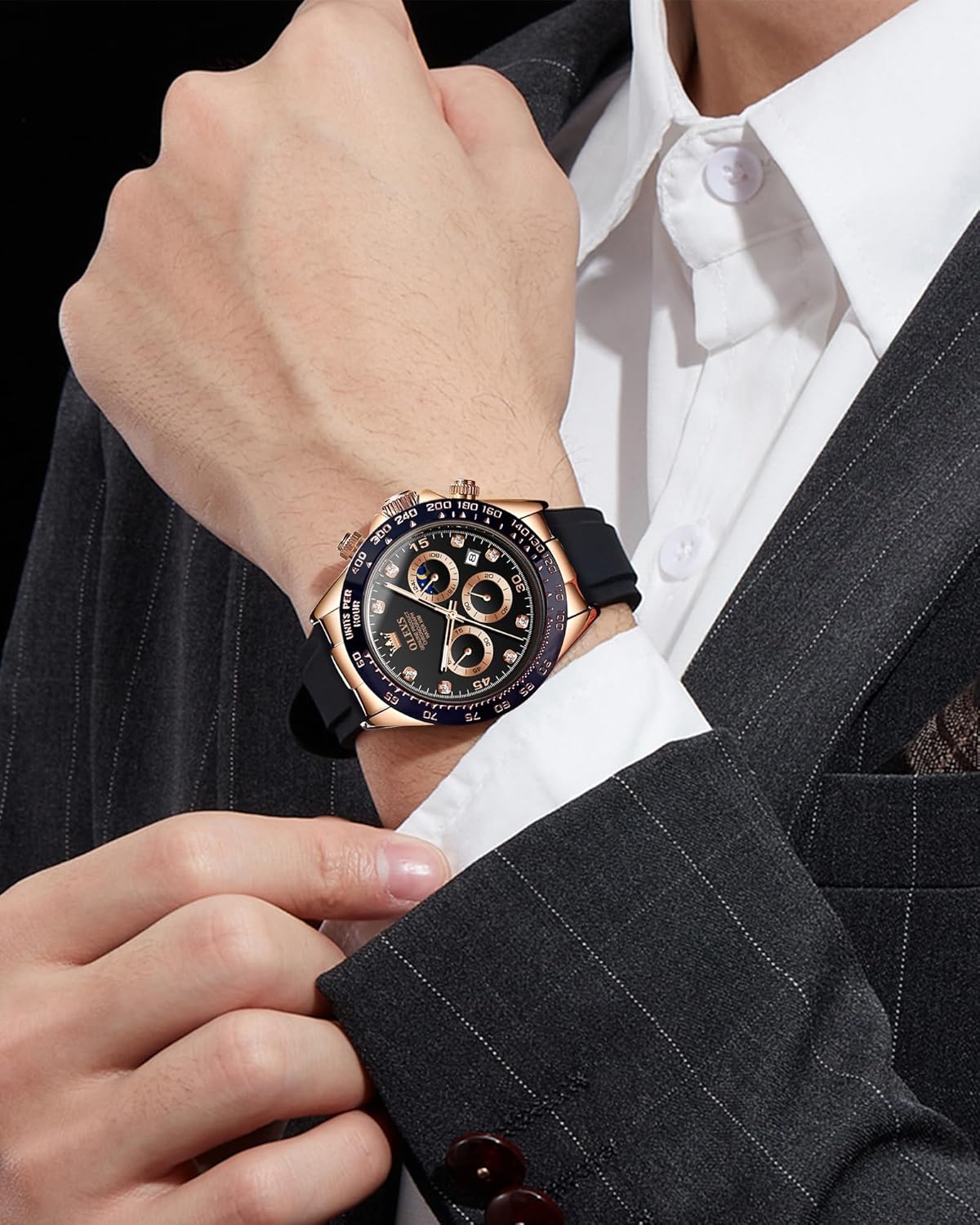 OLEVS Men Analog Quartz Waterproof Watches Multifunction Chronograph Diamond Moon Phase Luminous Silicone Band Wrist Watches - Image 6