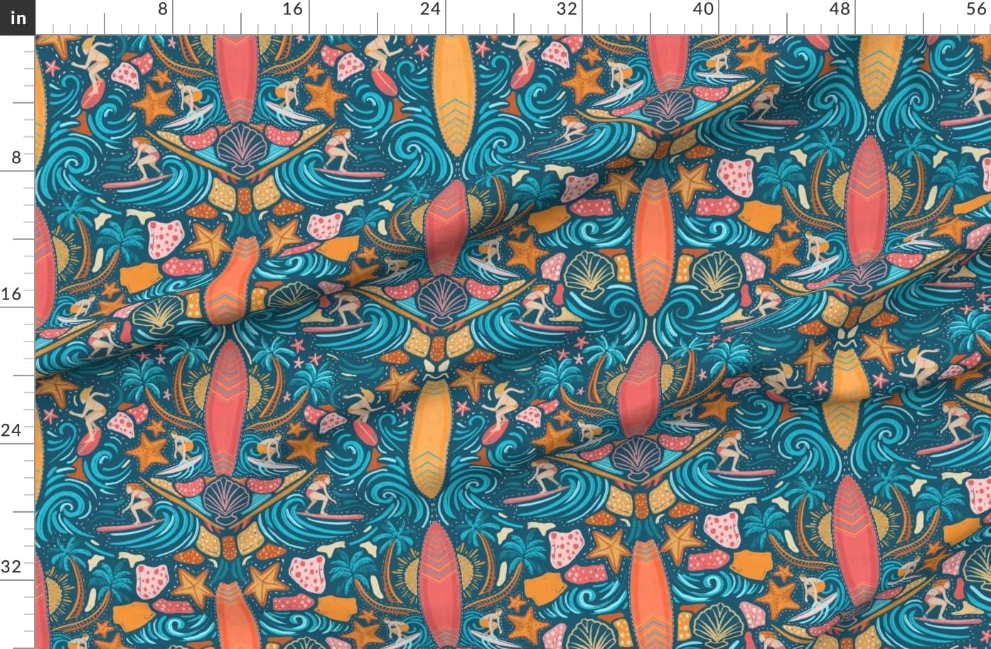 Spoonflower Fabric - Surfboard Summer Illustration Beach Tropical Ocean Sports Surfing Printed on Organic Cotton Sateen Fabric by The Yard - Sewing Quilting Apparel Home Decor