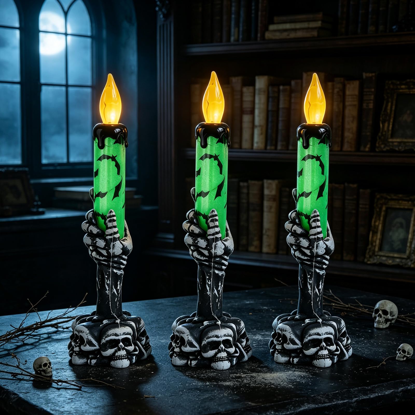 Halloween Skeleton Hand Candle Holder Lights Battery Operated with Flameless LED Lights Set of 3 Pack Black Dripping Wax Skull Candle Lamp for Clothing Store Camping Restaurant Halloween Decor