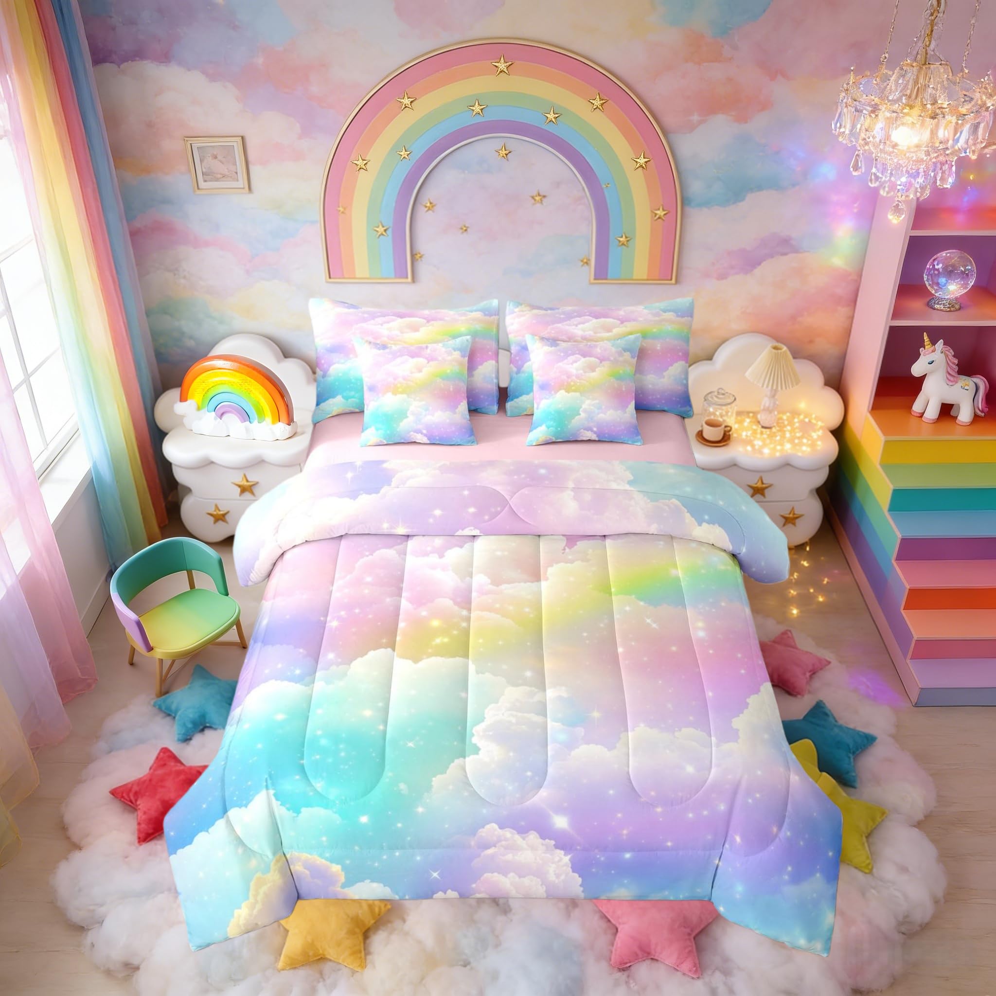 Erosebridal Gradient Rainbow Queen Bed in A Bag 7 Piece Colorful Shiny Clouds Comforter Set with Sheets Glitter Starry Sky Bedding Sets for Kids Girls Teens Women,Girly Cute Tie Dye Bed Set