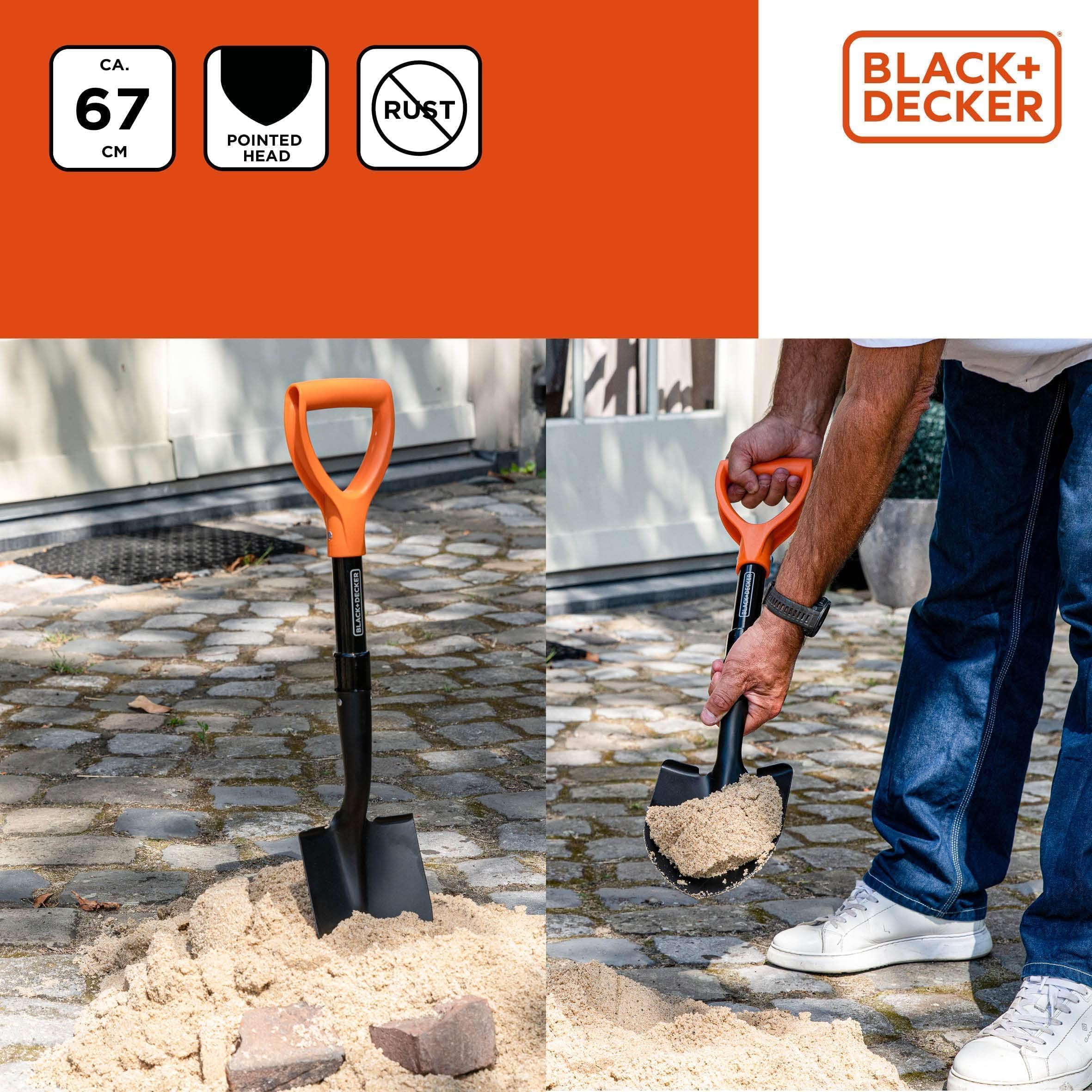 Black+Decker Pelle - 67 cm - 800 g - Inoxydable - Tête en Acier au Carbone et Manche en Fibre de Verre - Noir