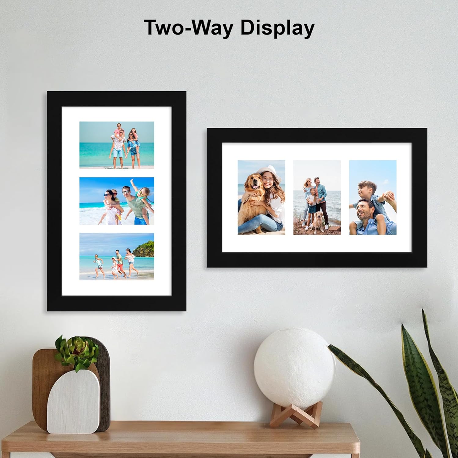 Hongkee 8x14 Picture Frame Set of 2, Black Wood Frame with Glass Collage Frame, Display Pictures 3-4x6 With Mat or 8 x 14 Without Mat - Horizontal or Vertical Wall Mounting