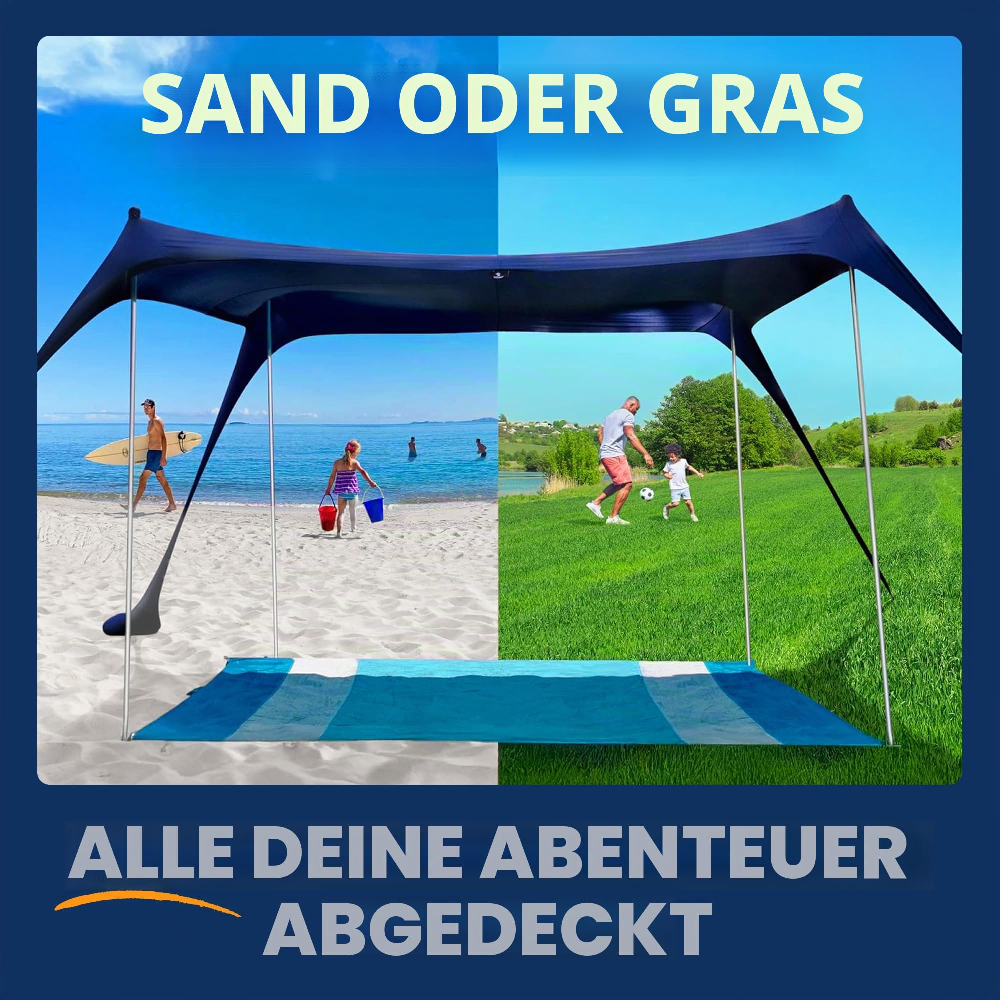 SUN NINJA Strandzelt, Sonnensegel LSF 50+, mit Sandschaufel, Heringen und Stabilitätsstangen, Schattensegel für draußen für Campingausflüge, Angeln, Spaß im Garten oder Picknicks
