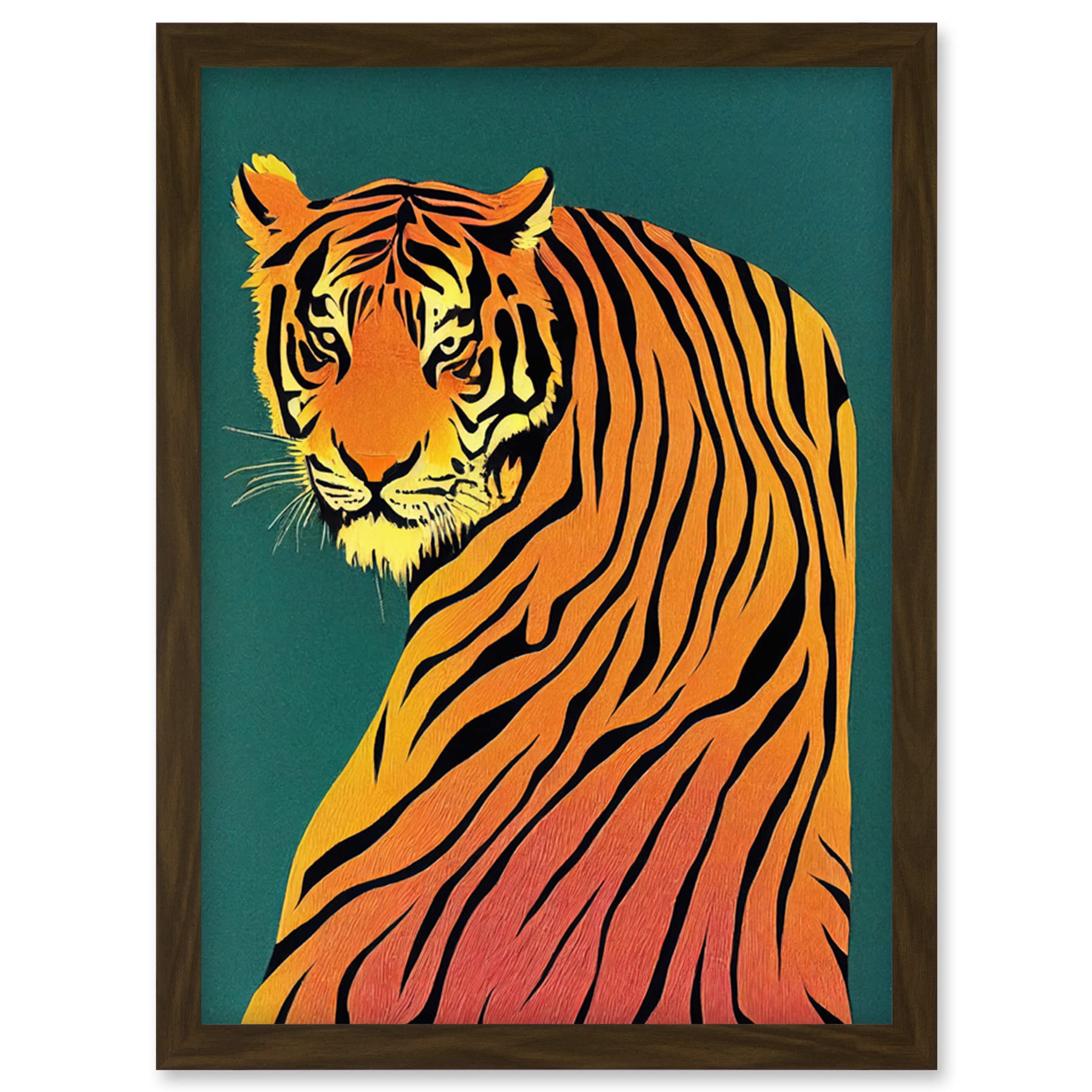 Wee Blue Coo Modern Tiger Portrait on Teal Orange Bold Artwork Framed Wall Art Print A4