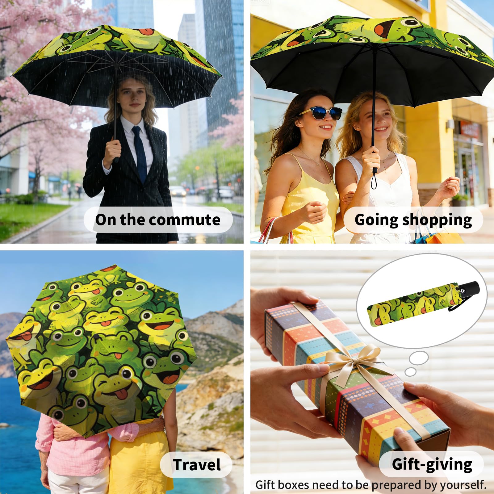 MAYJOYDIY Paraguas plegable automático de rana sonriente cartoon, grupo de ranas lindo, paraguas de viaje a prueba de viento 107cm paraguas compacto para mujeres hombres protección lluvia sol