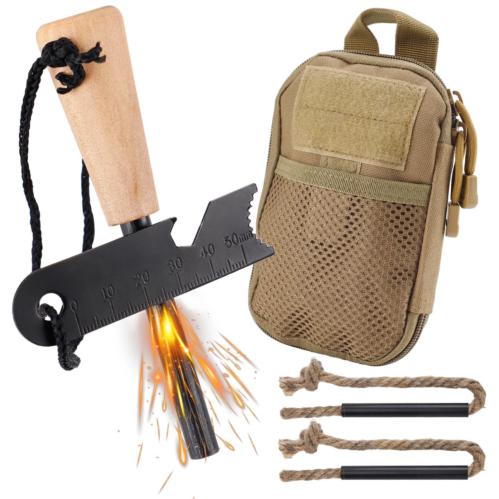 Tazweeq Fire Starter Survival Tool, Fire Starter Kit Includes Magnesium Rod, Steel Striker, 2 Pcs Wick Hemp Ropes and Multifunctional Outdoor Bag, Fire Starters for Campfires Hiking Survival