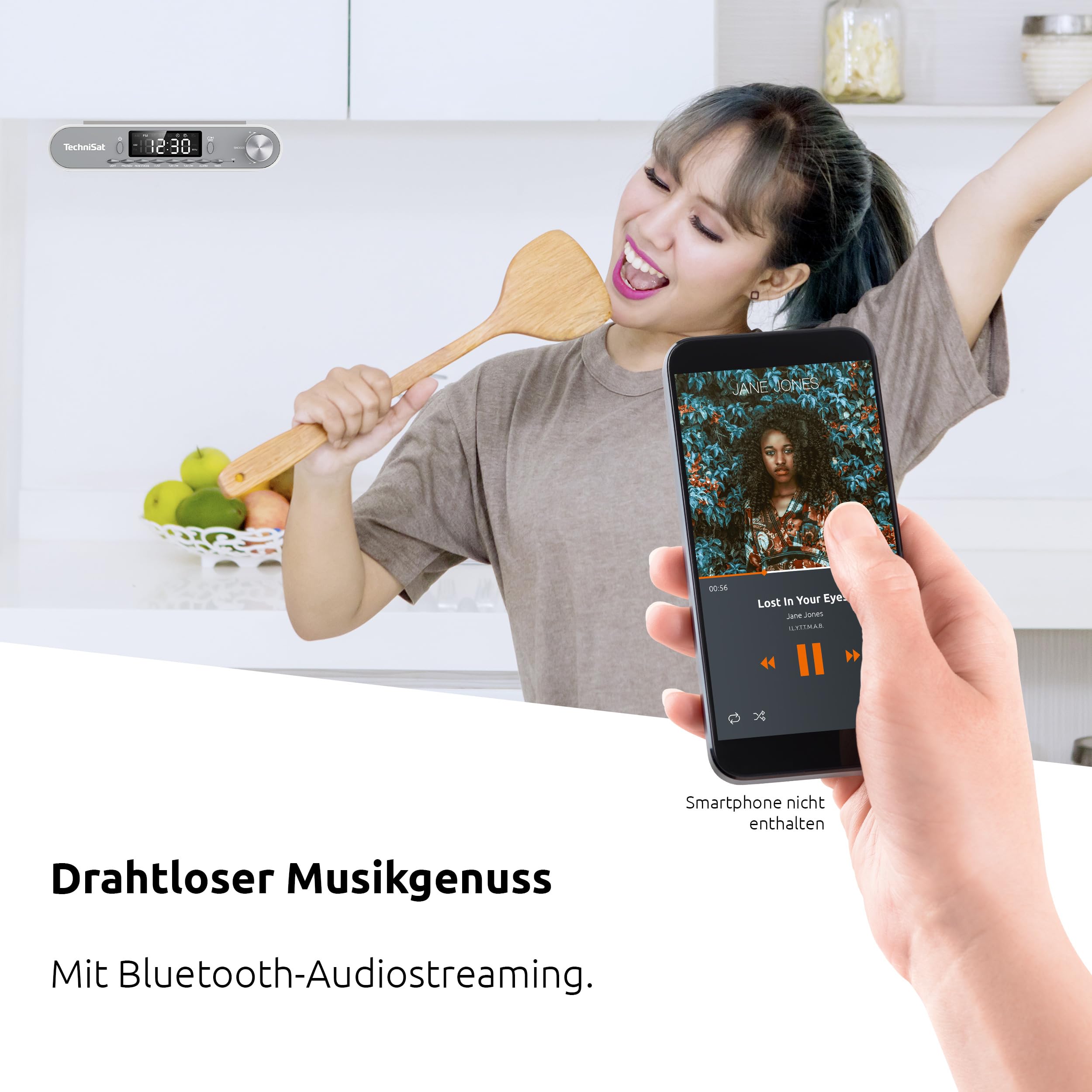 TechniSat KITCHENRADIO - Elegantes UKW-Unterbau-Küchenradio mit Arbeitsleuchte (Timer Direktwahltaste, Weckfunktionen, LED-Display, Unterschrankbeleuchtung, Bluetooth, Freisprecheinrichtung, 5 W)