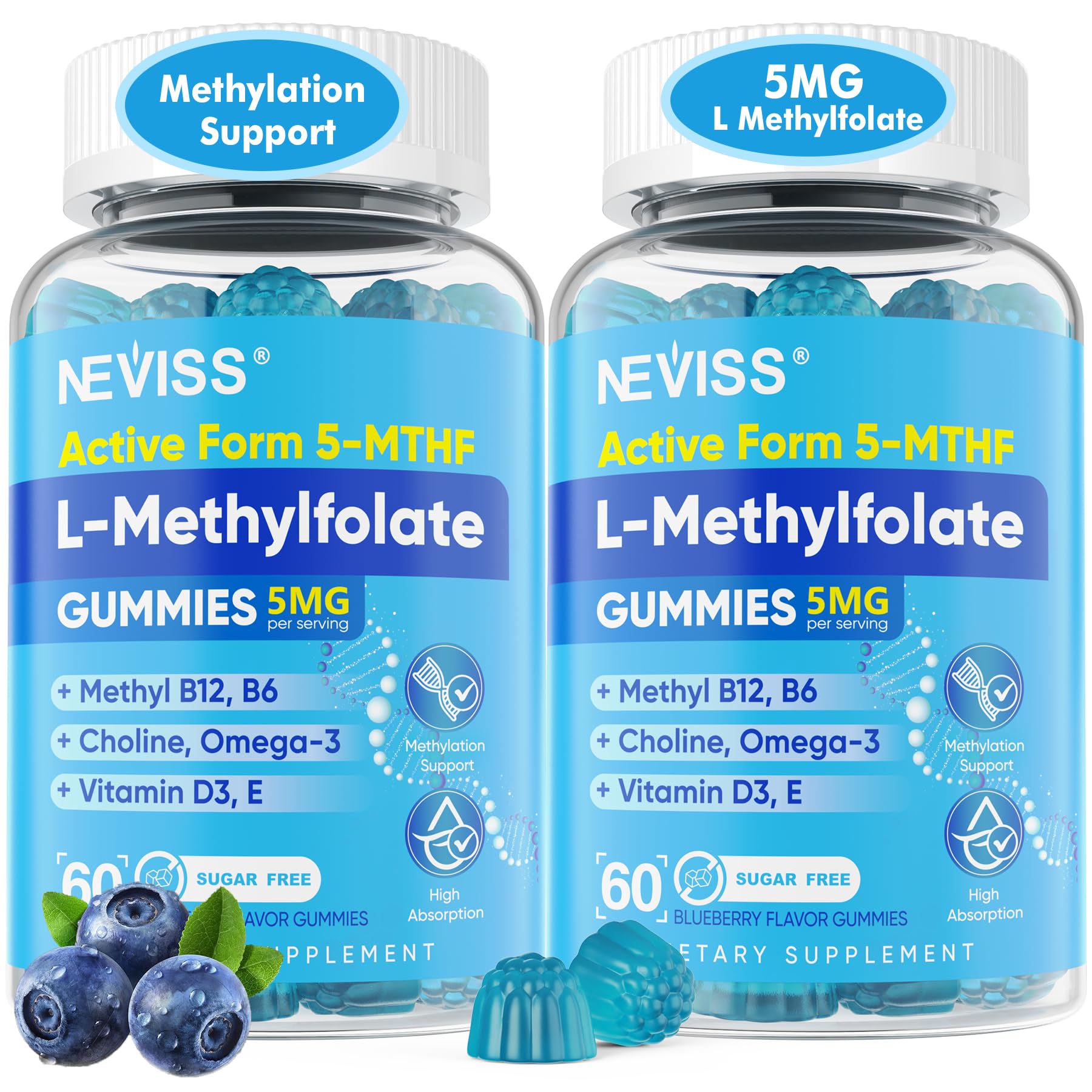 NEVISS L Methylfolate 5mg Gummies & Methyl B12 B6, Active 5-MTHF Form,120Ct 60 Count (Pack of 2)