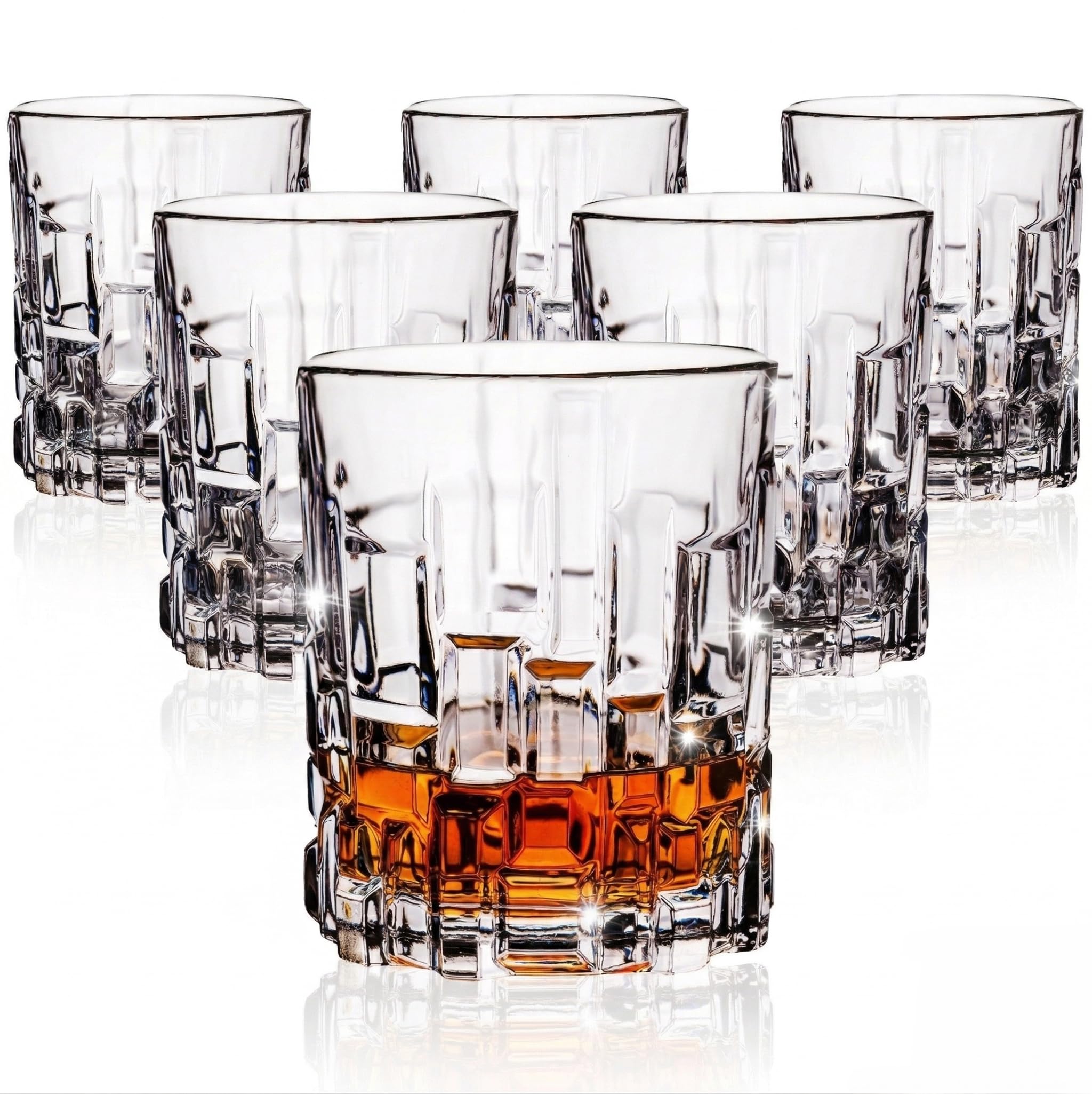 Szklanki do whisky 330 ml, zestaw 6 sztuk, ze szkła kryształowego, ze strukturą reliefową i masywnym dnem, nadają się do mycia w zmywarce