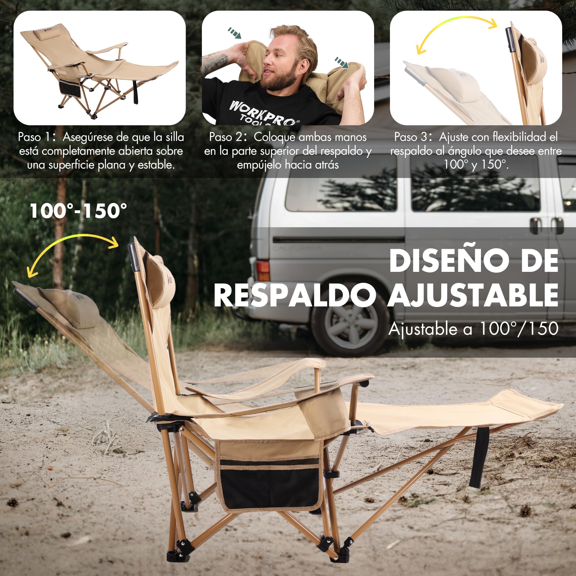 VILLEY Silla de Camping Plegable con Reposapiés, Reposacabezas y Bolsa de Almacenamiento, Silla Plegable para Camping, Playa, Jardín, Pesca, Soporta hasta 150 kg, Beige