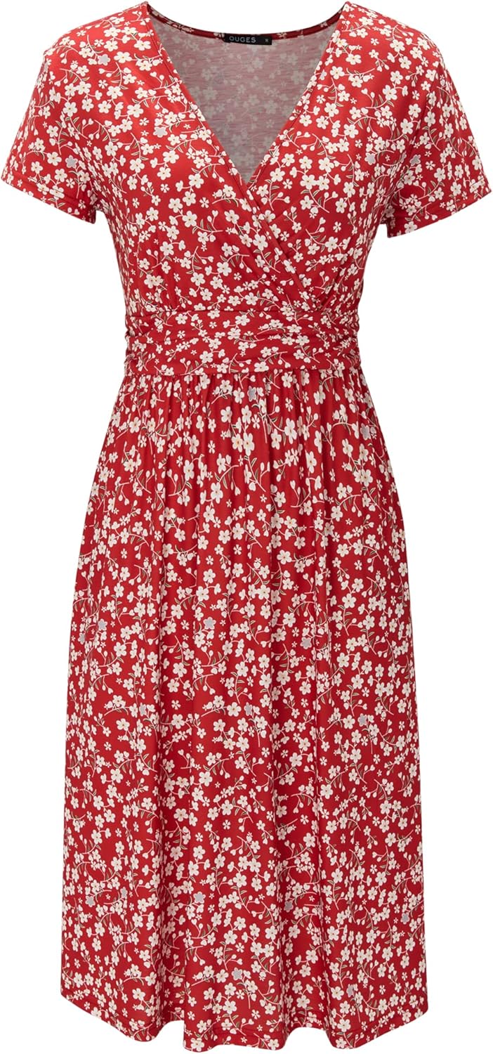 Size XL....Women's Summer Short Sleeve V-Neck Floral Short Party Dress with Pockets