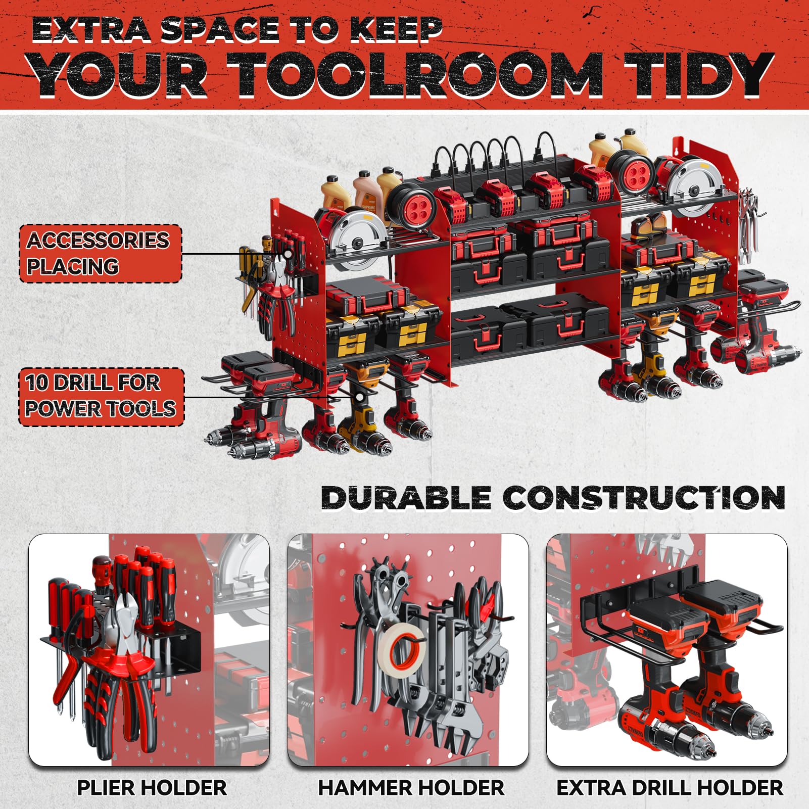 WIWIDRM Upgrade Large Power Tool Organizer Wall Mount with Charging Station Tool Storage Rack with 6.5FT Power Strip 10 Drill Holder and Storage Rack for Garage Organization