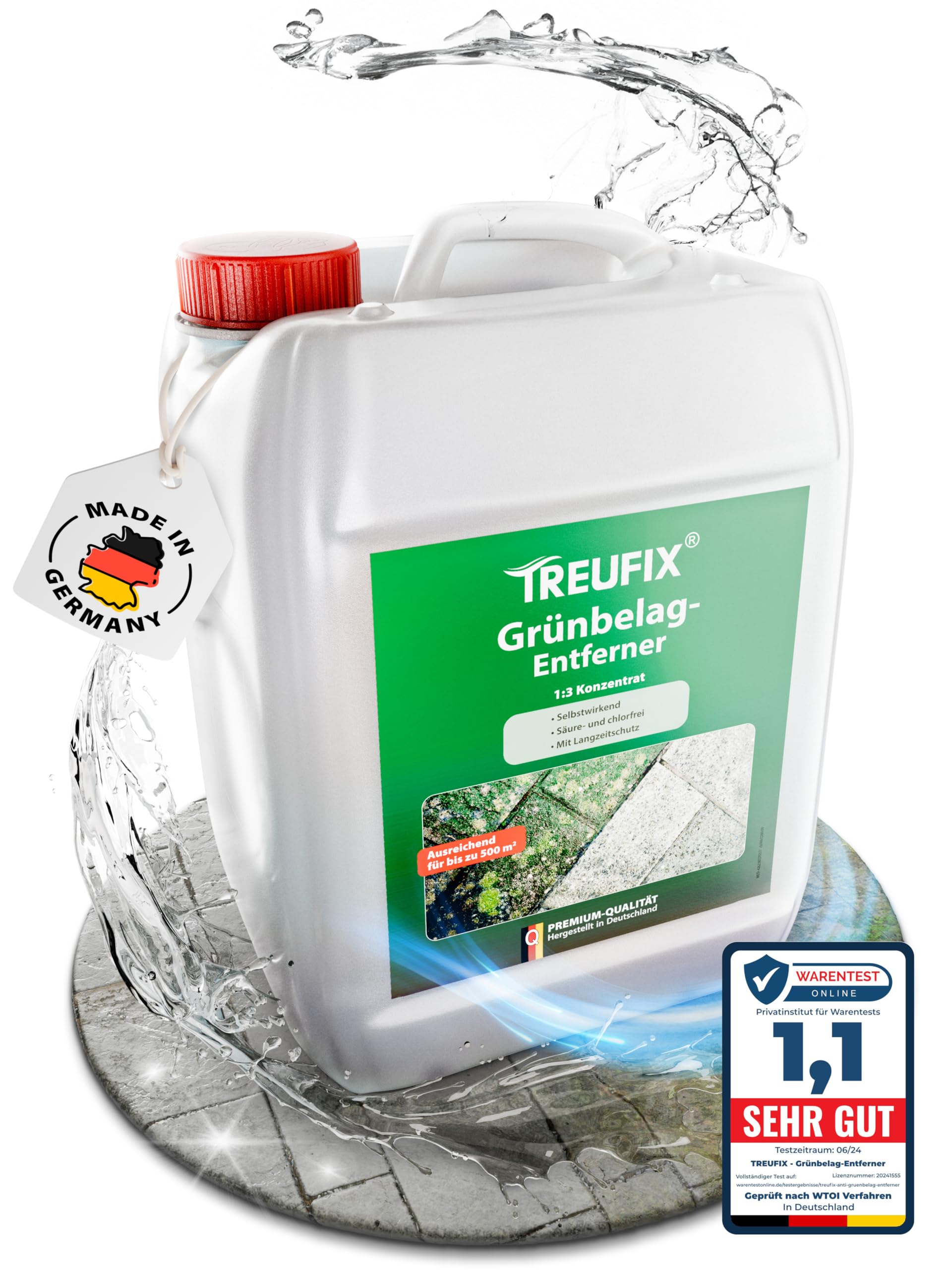 Treufix Grünbelagentferner & Moosentferner Konzentrat 5L | [Chlor- und säurefrei] Entfernung von Grünspan, Grünbelag & Moos |Steinreiniger für Pflastersteine, Terrassen - Made in DE