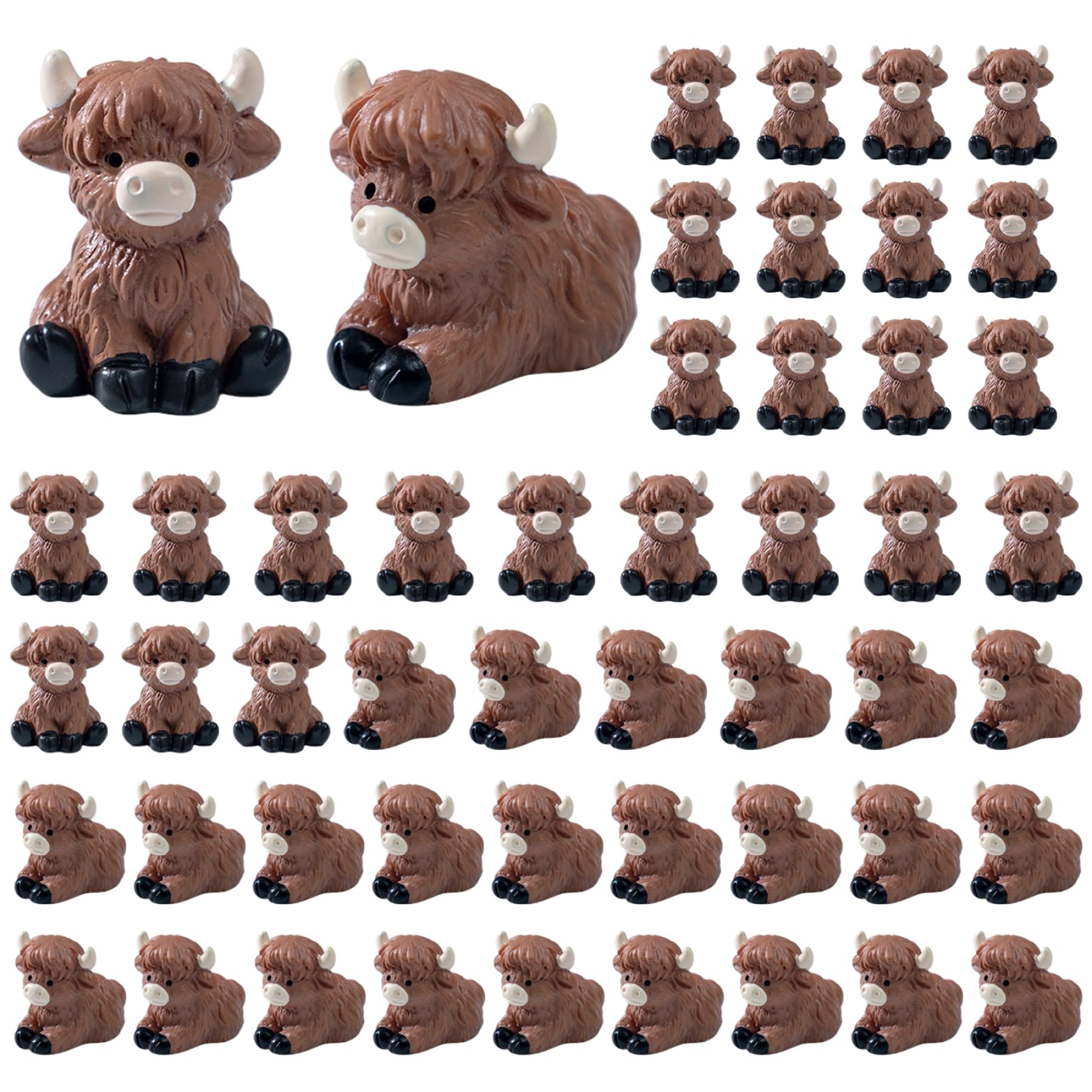 Awnsimfreien 50Pcs 50 Pcs Mini Cows Figurines, Cute Mini Highland Cow Sculptures With Sitting And Lying Poses, Resin Farm Animal Desk Decor For Diy Micro Landscape, Office, Tabletop, Highland Cow