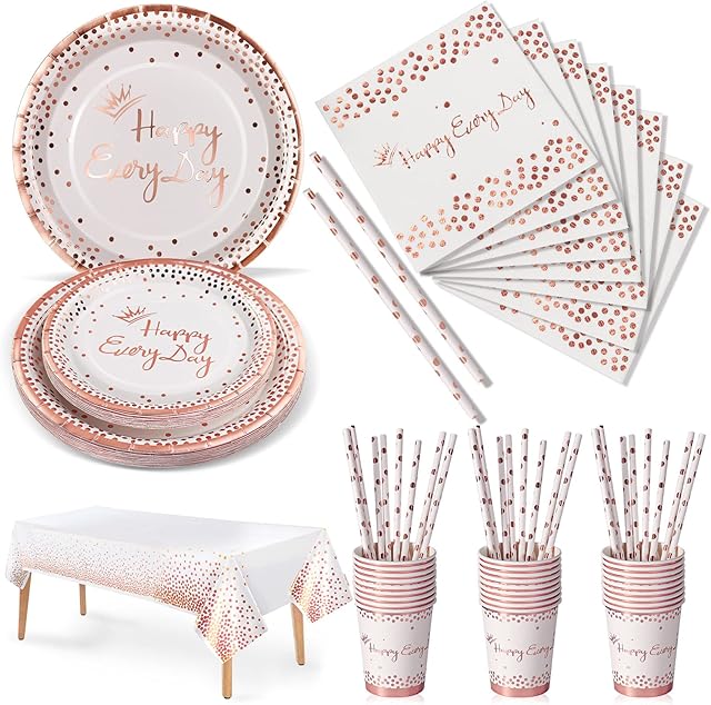 Nkaiso Party Tableware 126 Piece Rose Gold Paper Tableware Set Includes Birthday Paper Plates Napkins Cups Straws for Wedding Shower Engagement Wedding Birthday-25 Guests