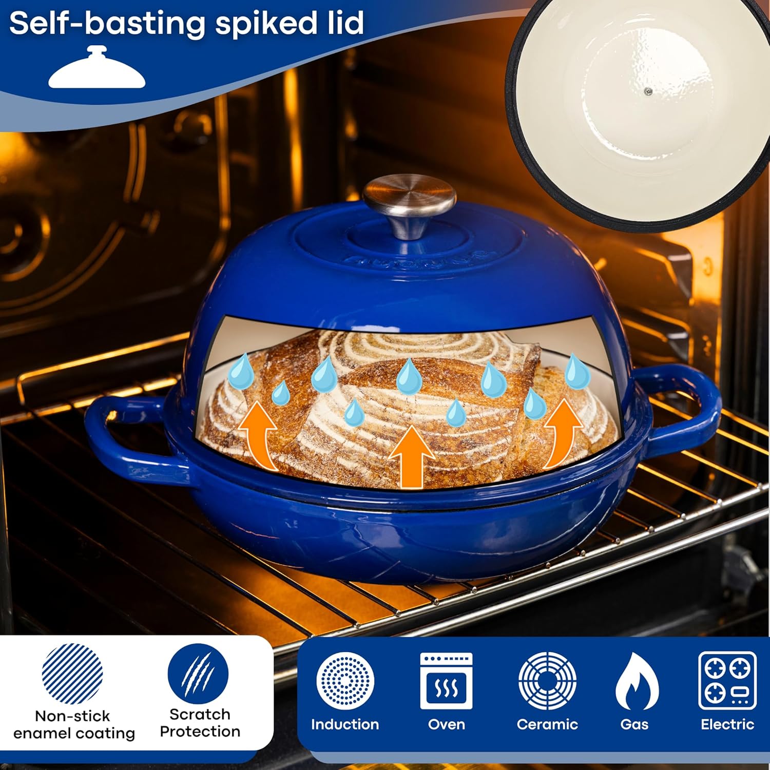 Enamelled Cast Iron Dutch Oven Pot – Dutch Oven For Sourdough Bread Baking – Cast Iron Bread Pot – Dark Blue, 6 Quarts, 26cm – by Nuovva - Image 3