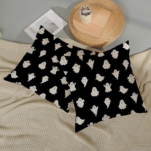 Miniatura 7 de AGAYNA Juego de 2 fundas de almohada de Halloween de 18 x 18 pulgadas, decoración de fantasmas blancos y negros, para sofá, interiores y exteriores,