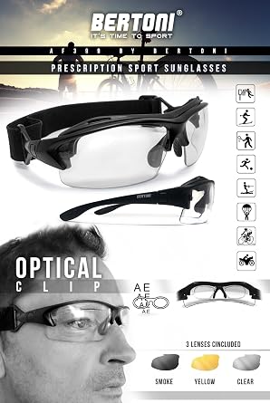 Bertoni Sport Sunglasses Sport Goggles with Optical Clip Adapter for RX Lenses - Interchangeable Arms/Strap - cod. 399