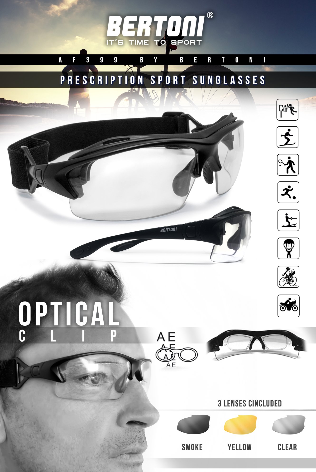 BERTONI Occhiali sportivi con 3 lenti antiappannamento inluse montatura e fascia elastica intercambiabili con clip per lenti correttive – modello 399