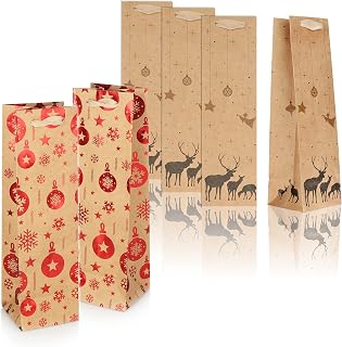 com-four® 6X Buste Regalo con Motivi Natalizi - Buste Regalo per Bottiglie di Vino e Champagne - Buste portabottiglie per Natale e Babbo Natale [la Selezione Varia] (6 Pezzi - Marrone + Rosso)