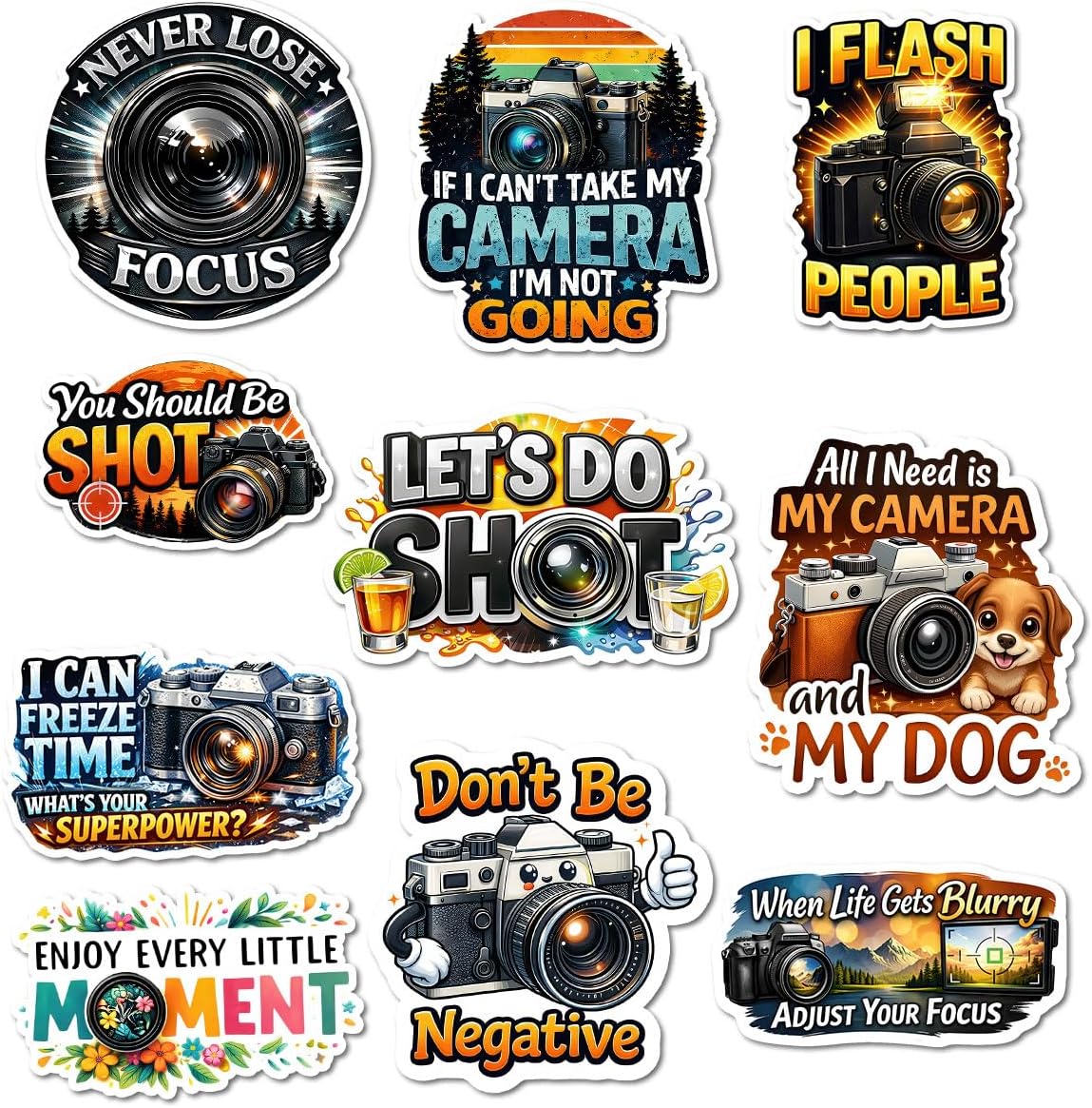 10pcs Photography Stickers Gifts for Photographers Camera Lovers Multiple Different Design, Waterproof UV-Resistant for Water Bottle, Laptop, Window, Car