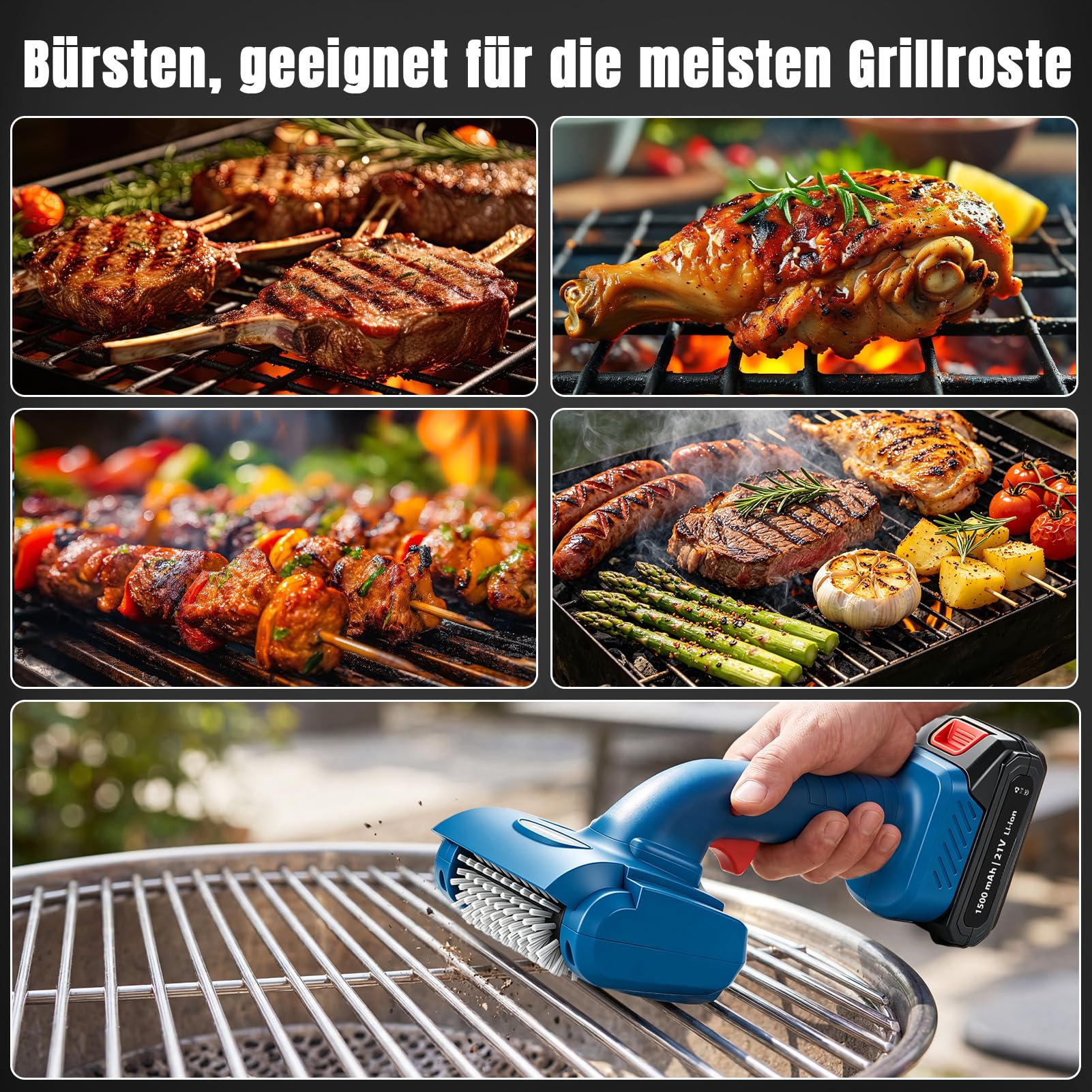 Elektrische Grillbürste, kabellose Grillreinigungsbürste mit 2 Bürstenköpfen, 2 Akkus, 1500 U/min,wiederaufladbare Edelstahlbürste für Grillroste,tragbare Grillbürste