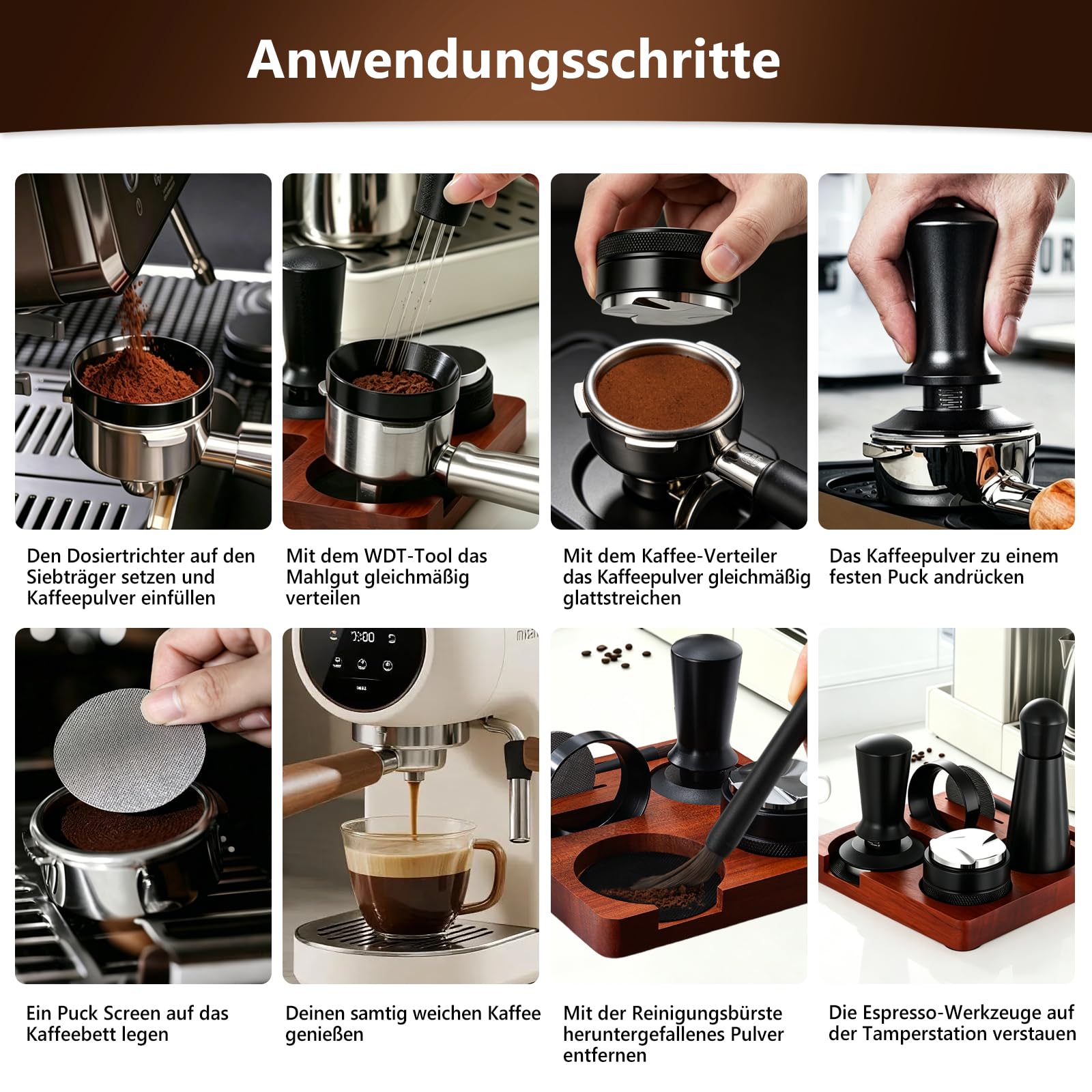 Espresso Zubehör Set 7tlg. – WDT Tool, Tamper, Distributor, Dosierring & Tamperstation | Barista Set aus Edelstahl für Siebträgermaschinen | Schritt-für-Schritt Zubehör für Café (58mm)
