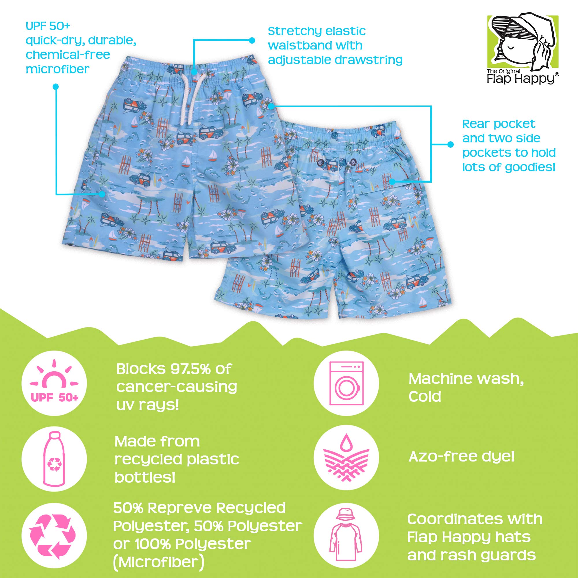 Flap Happy Boys' Baby UPF 50 Swim Trunk with Mesh Liner, Beach Bums, 2