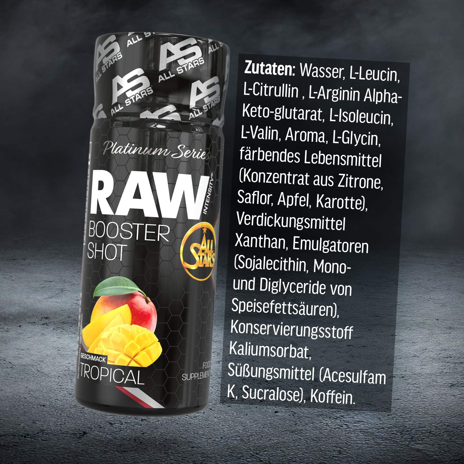 ALL STARS RAW Intensity Pre-Workout Booster Shot 16 x 60ml Tropical | Trainings-Drink mit 200mg Koffein & wertvollen Aminosäuren, enthält 14.600mg BCAAs, fett- und zuckerarm