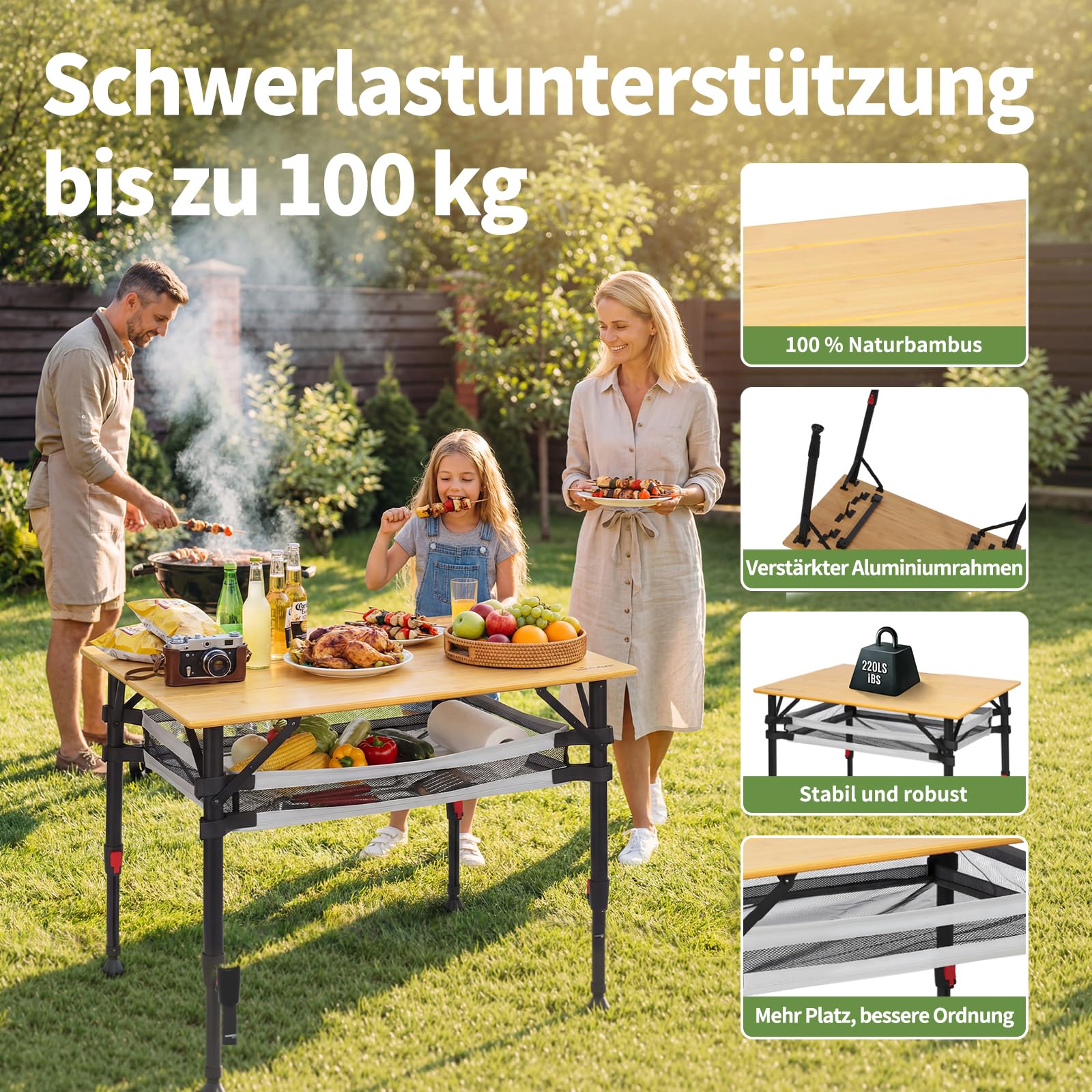 Campingtisch Klappbar Bambus 80 x 60 cm Stufenlos Höhenverstellbar 47–65cm | Big 100 kg, Aluminiumgestell mit Tragetasche & Ablagenetz Stabiler Klapptisch für Garten, Camping, Picknick