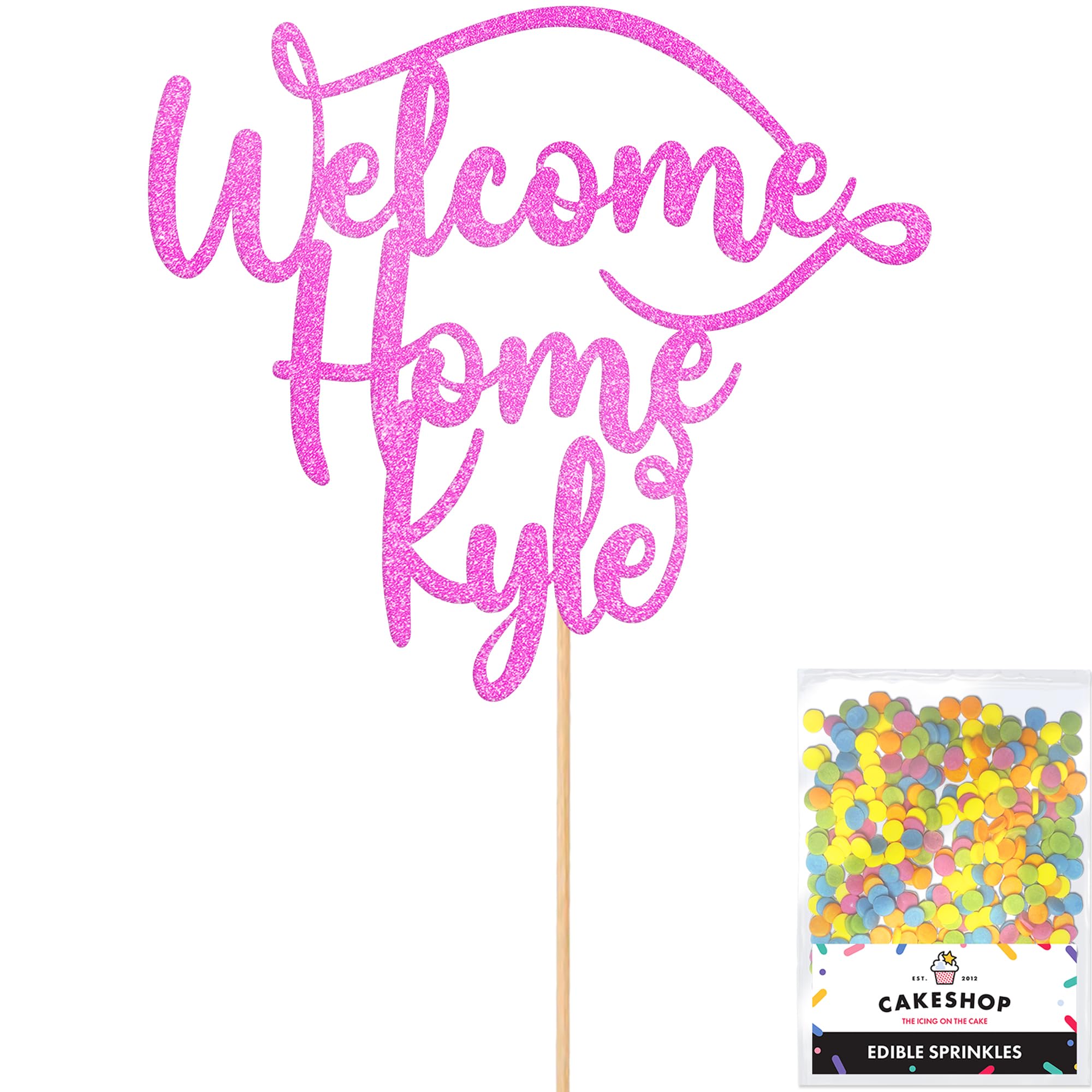 Cakeshop Personalised Welcome Home Glitter Cake Topper With Sprinkles - Light Pink Custom Colour - Any Name - Double-Sided Glitter Card Cake Decoration - Custom Toppers for Cakes