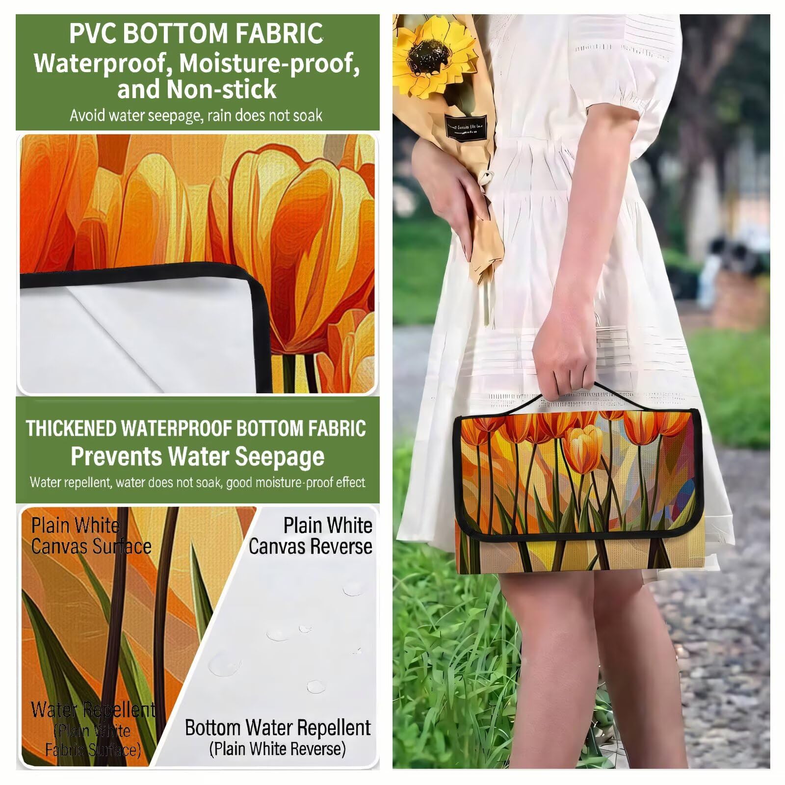 Couverture Pique Nique Grande 200x300cm,Outdoor Couverture Imperméable,Pliable Tapis de Plage Dos en PVC,Picnic Blanket pour Camping Accessoires,Jardin,Parc,Famille - Orange brûlé,Tulipe UZ-357