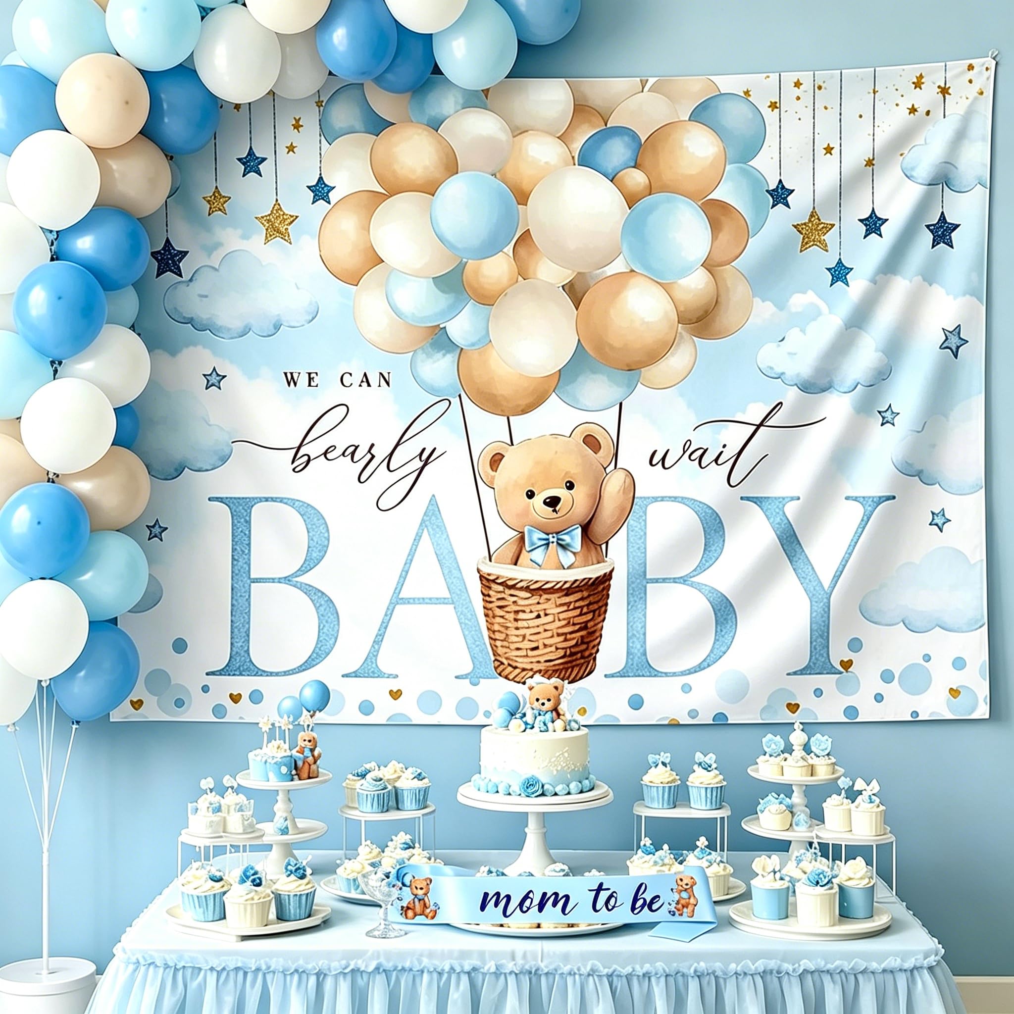 Blue Baby Shower Decorations Bear Baby Boy Banner We Can BEARLY Wait Party Supplies Baby Shower Bear Baby Balloons