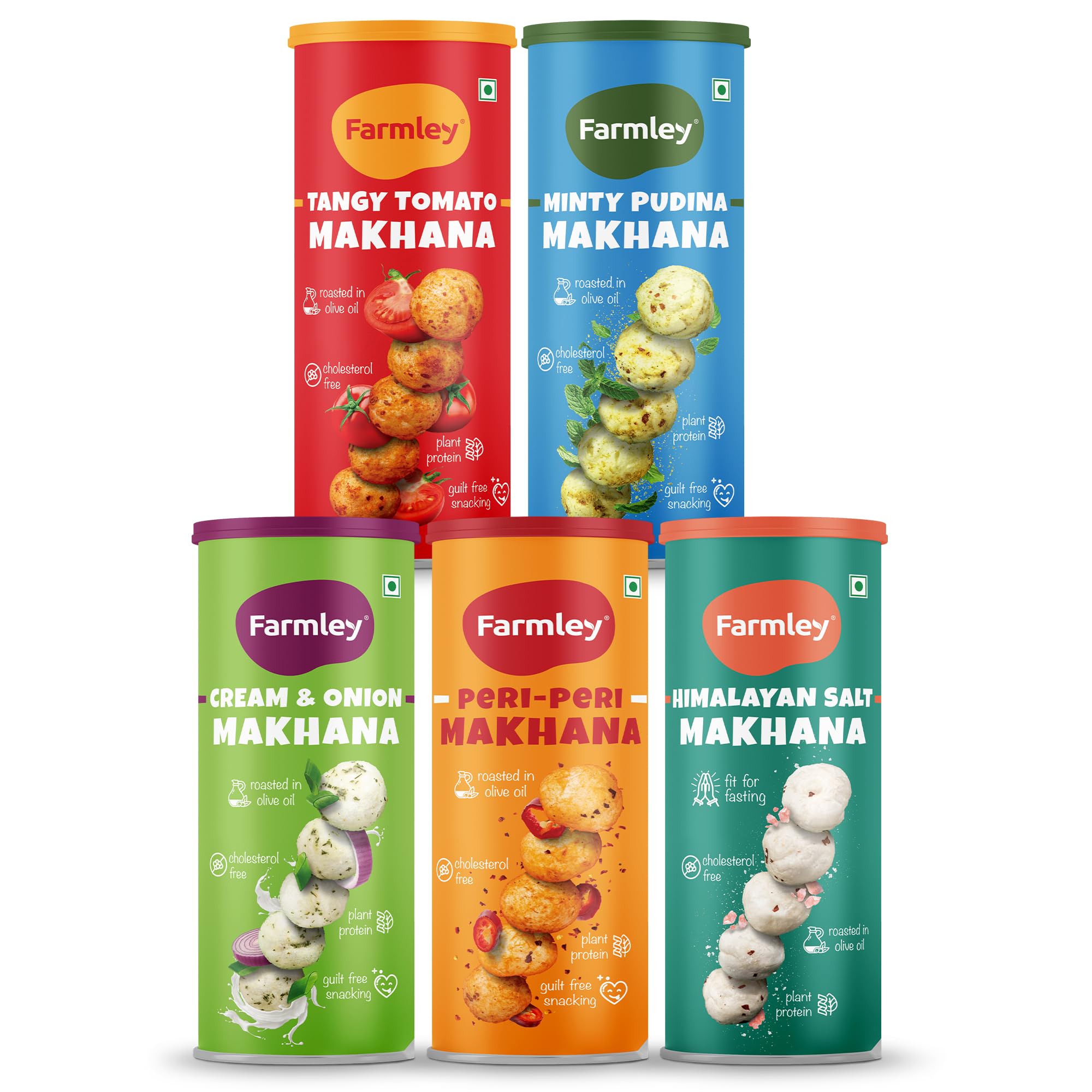 Farmley Flavoured Roasted Makhana I 385 gram, (Pack of 5, 77 gram each) I Healthy Party, Namkeen Snacks, Puffed Makhana Snacks Minty Pudina, Peri Peri, Tangy Tomato, Cream & Onion, Himalayan Salted-image-48