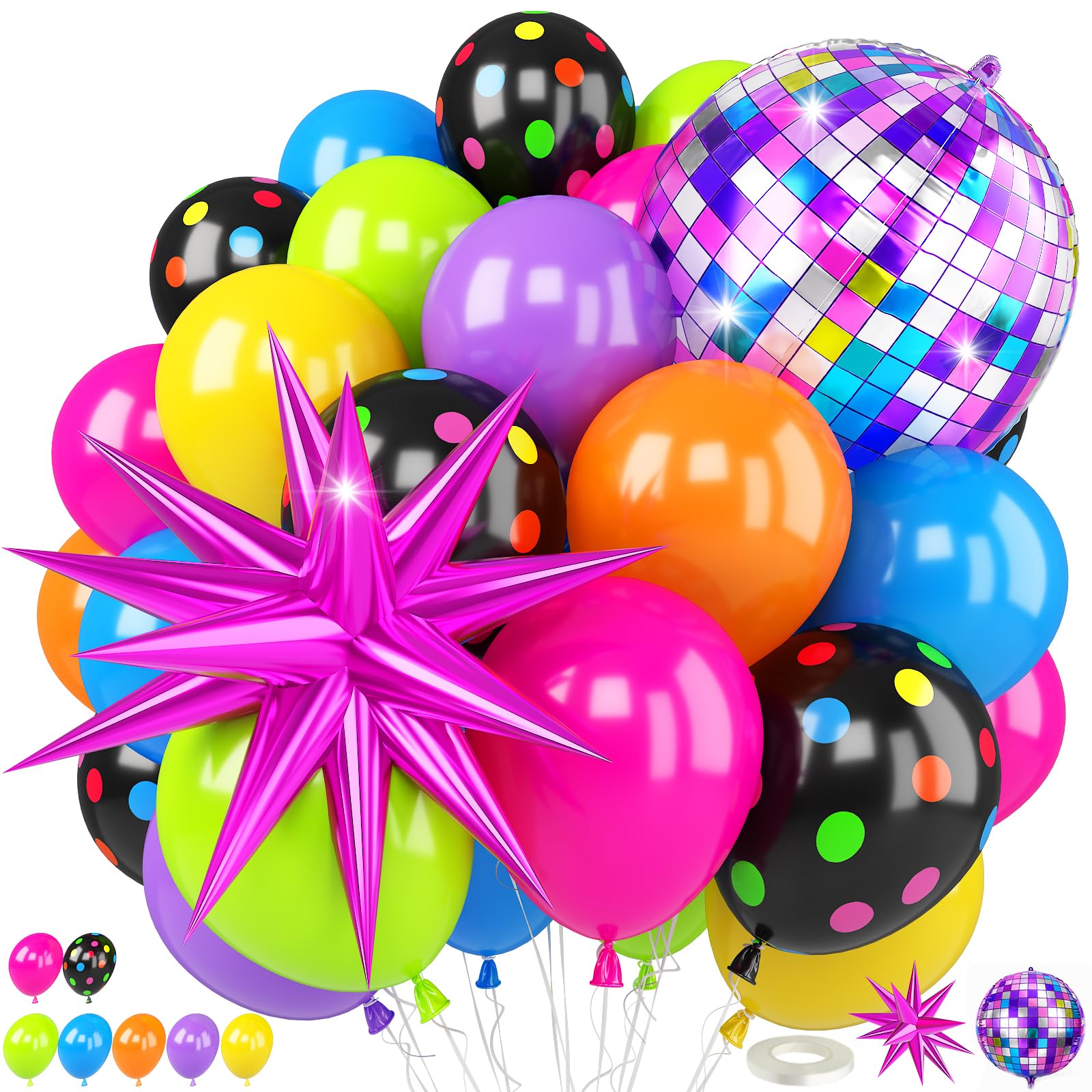 Neon Balloons, 12Inch Disco Rainbow Balloons, Hot Pink Blue Green Orange Purple Colorful Dot Latex Balloon with Star and Disco Ball Foil Balloon for Retro 80s 90s Music Rock Theme Birthday Party Decor