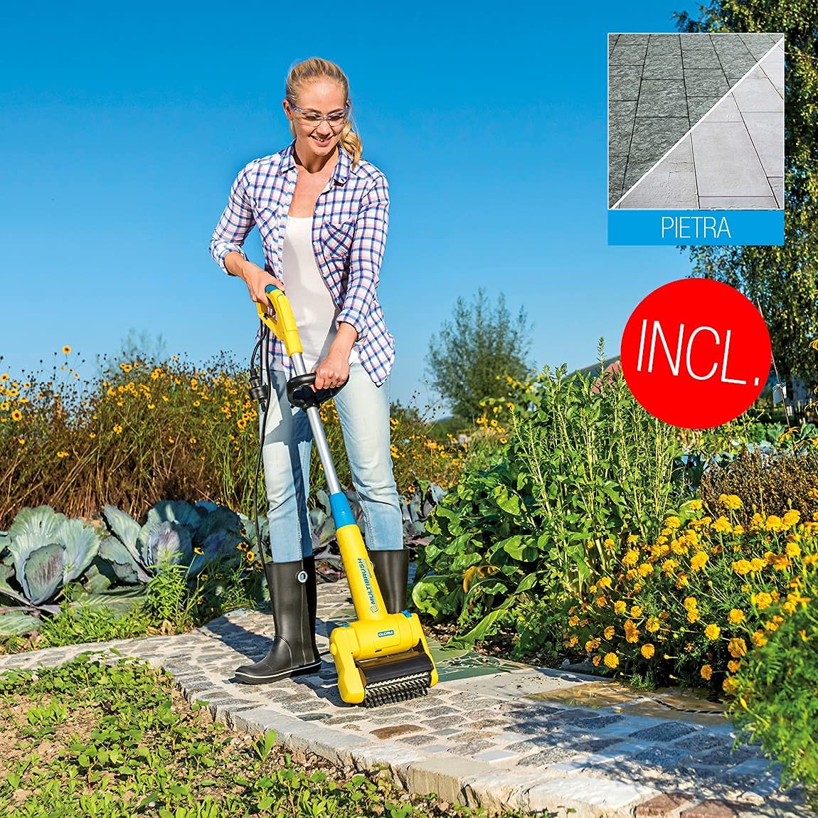 Gloria MultiBrush speedcontrol - Cepillo eléctrico multifuncional para jardín: limpieza de juntas, madera, piedra, eliminación de musgo y hierba, recortadora, escarificadora, incluye 2 accesorios