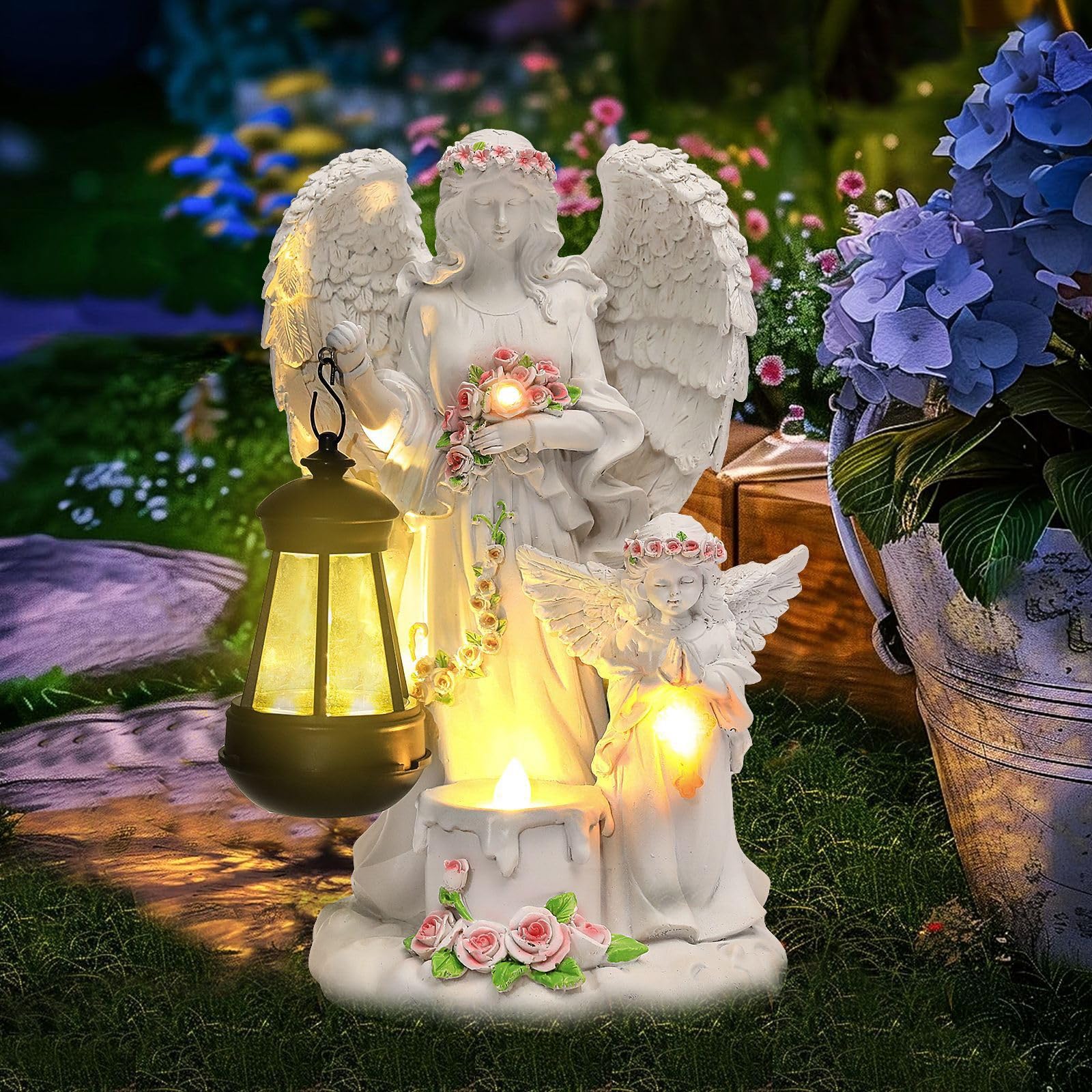 Estatuas de ángel solar para jardín, figura de ángel de la guarda con farolillo solar LED, decoración para exteriores, resistente a la intemperie, decoración para cementerio, escultura de