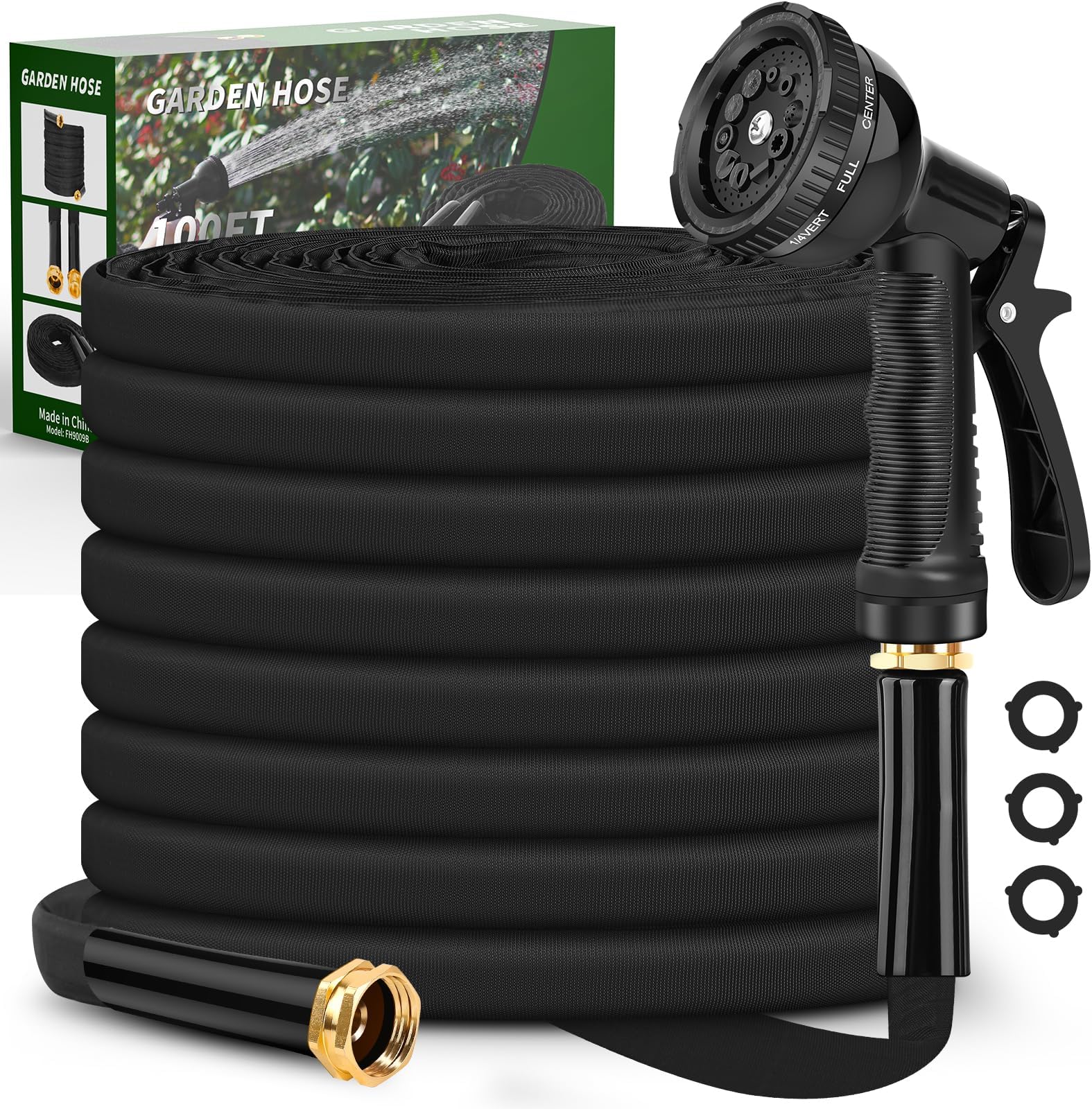 Garden Hose 100ft, Non-Expandable Hose with 10 Function Hose Nozzle,Flexible, Lightweight, Kink-Free and Easy Storage Water Hose for Outdoor, Watering, Car Wash
