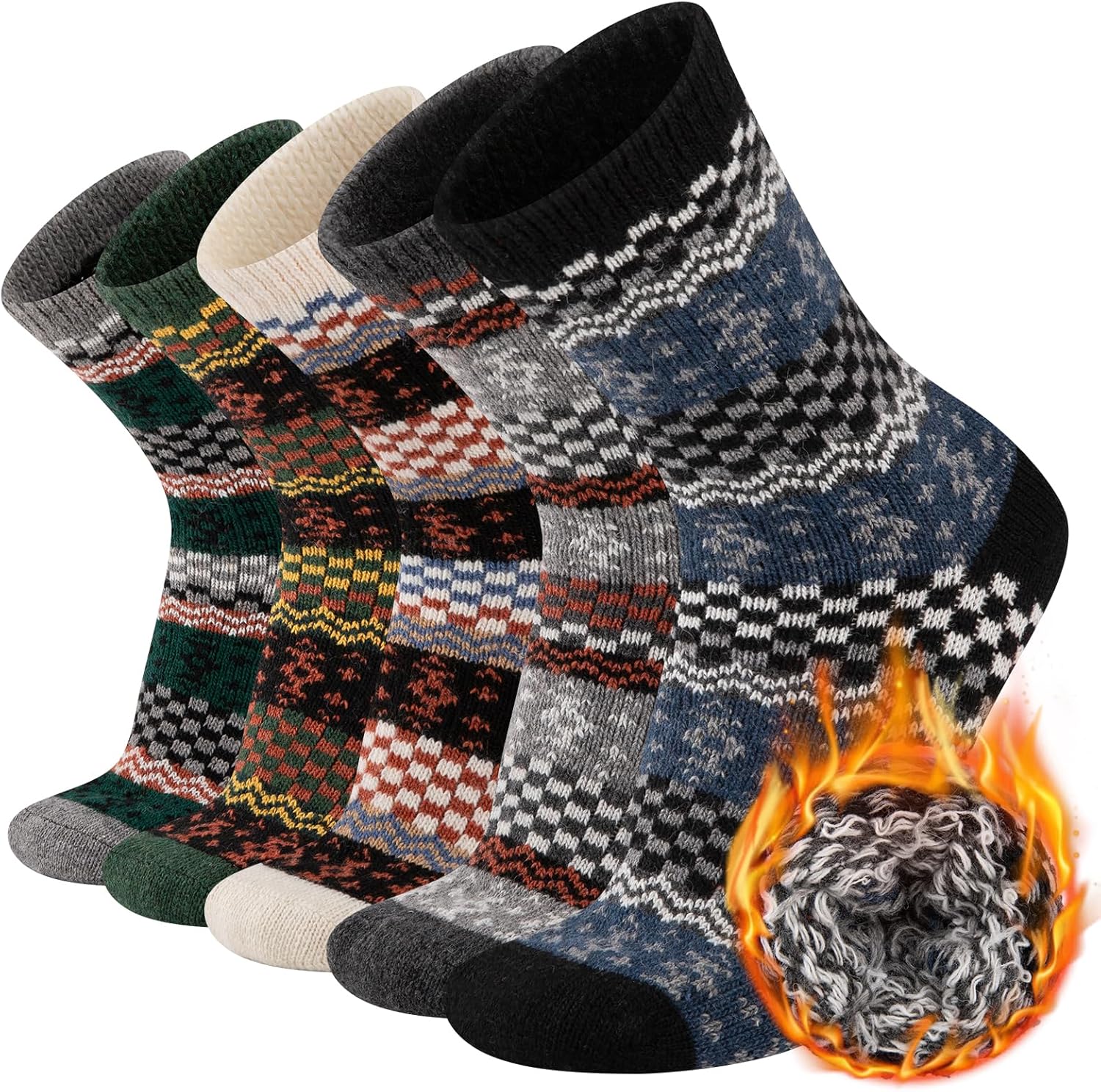 COOVAN Mens Warm Wool Socks Thermal Winter Thick Crew Socks Cold Weather Soft Cozy 5 Pairs