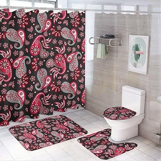 Juego de 4 piezas de baño con cortina de ducha y alfombras, juego de alfombrillas de baño de cachemira, color rojo, gris, negro, accesorios de decoración para tapa de inodoro y alfombrilla en forma de