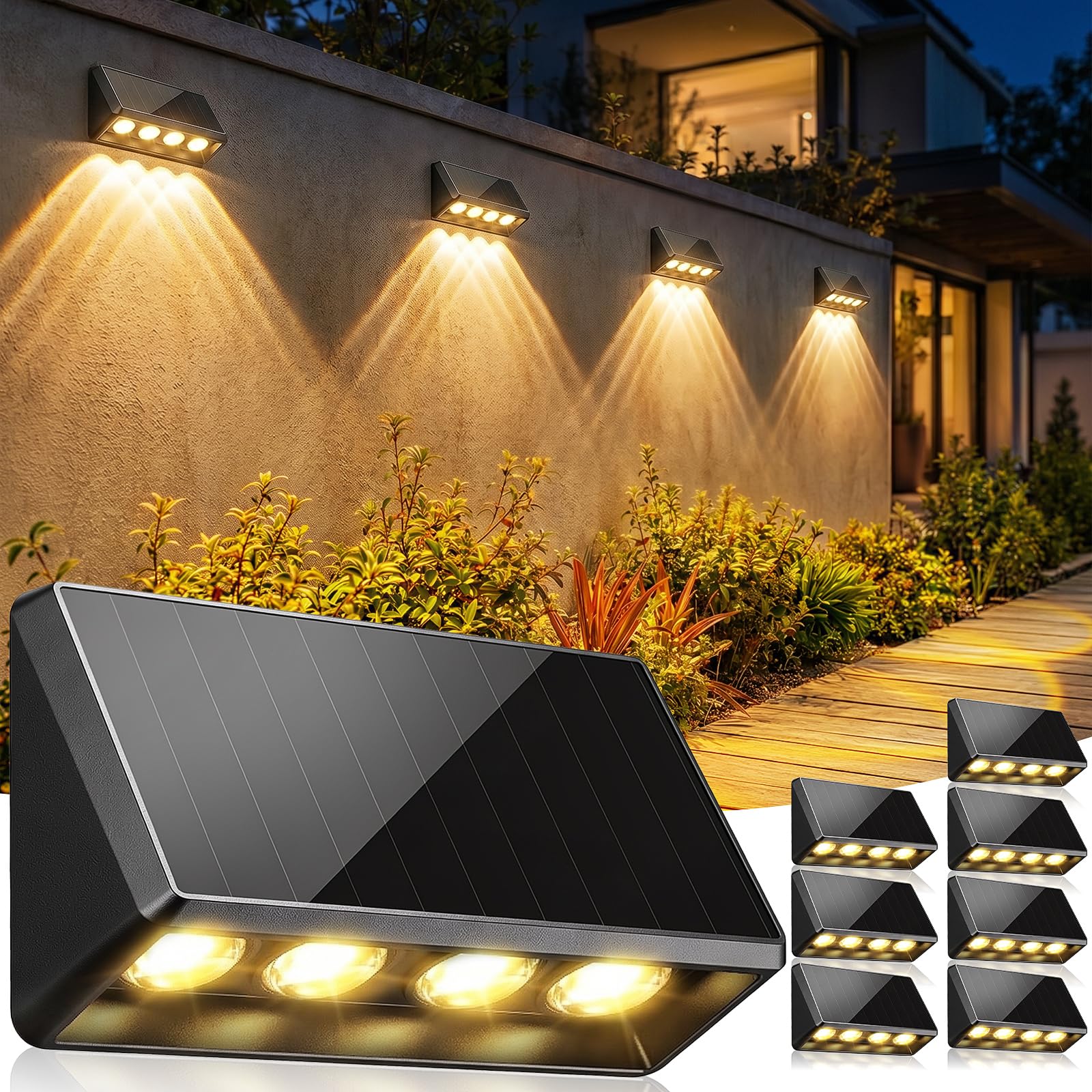 Luci solari per recinzioni da esterno, 4 LED più grandi e più luminose con 3 modalità, lampade solari impermeabili IP65 per esterni, terrazzo, cortile