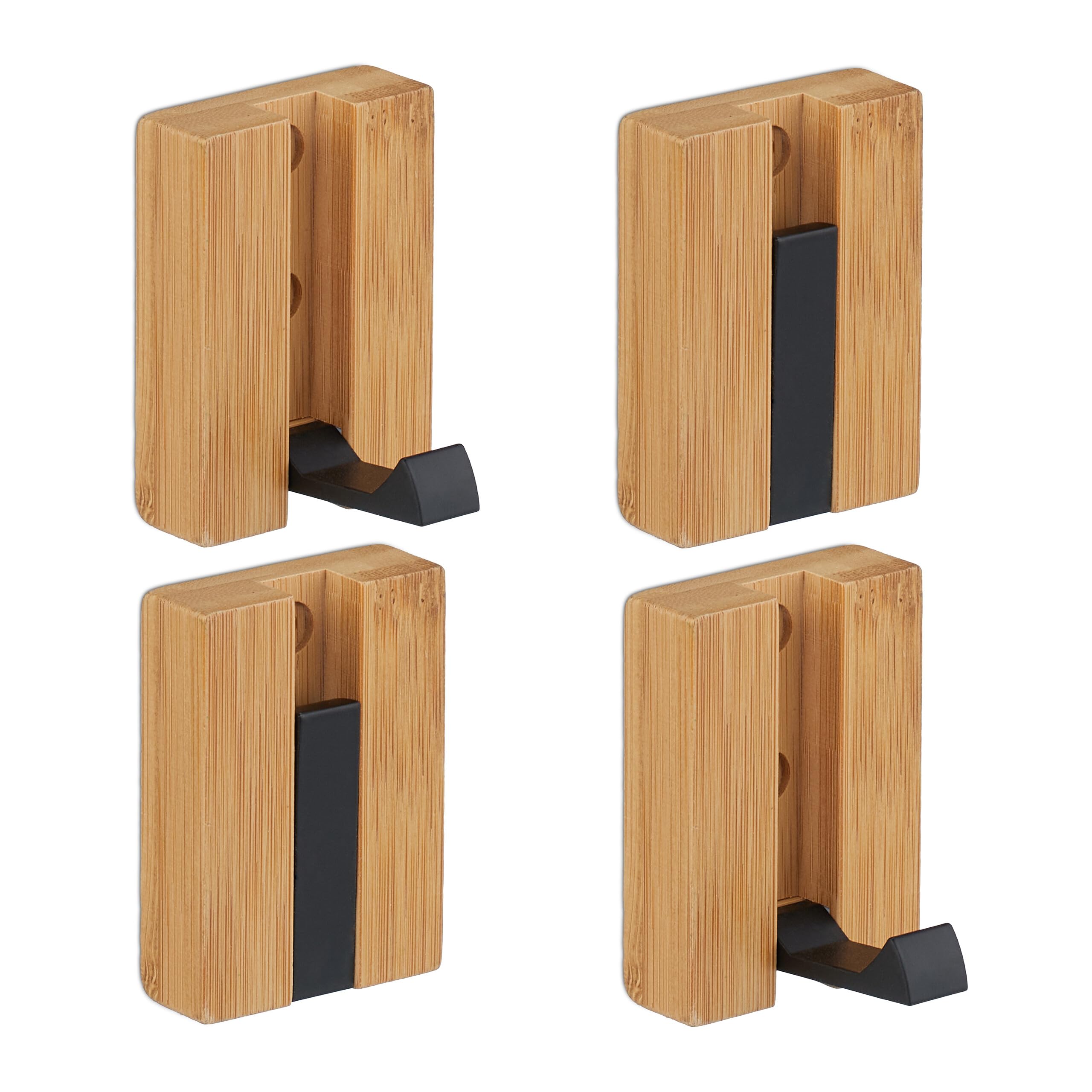Patères bambou lot 4 crochets muraux pliables métal noir et bois